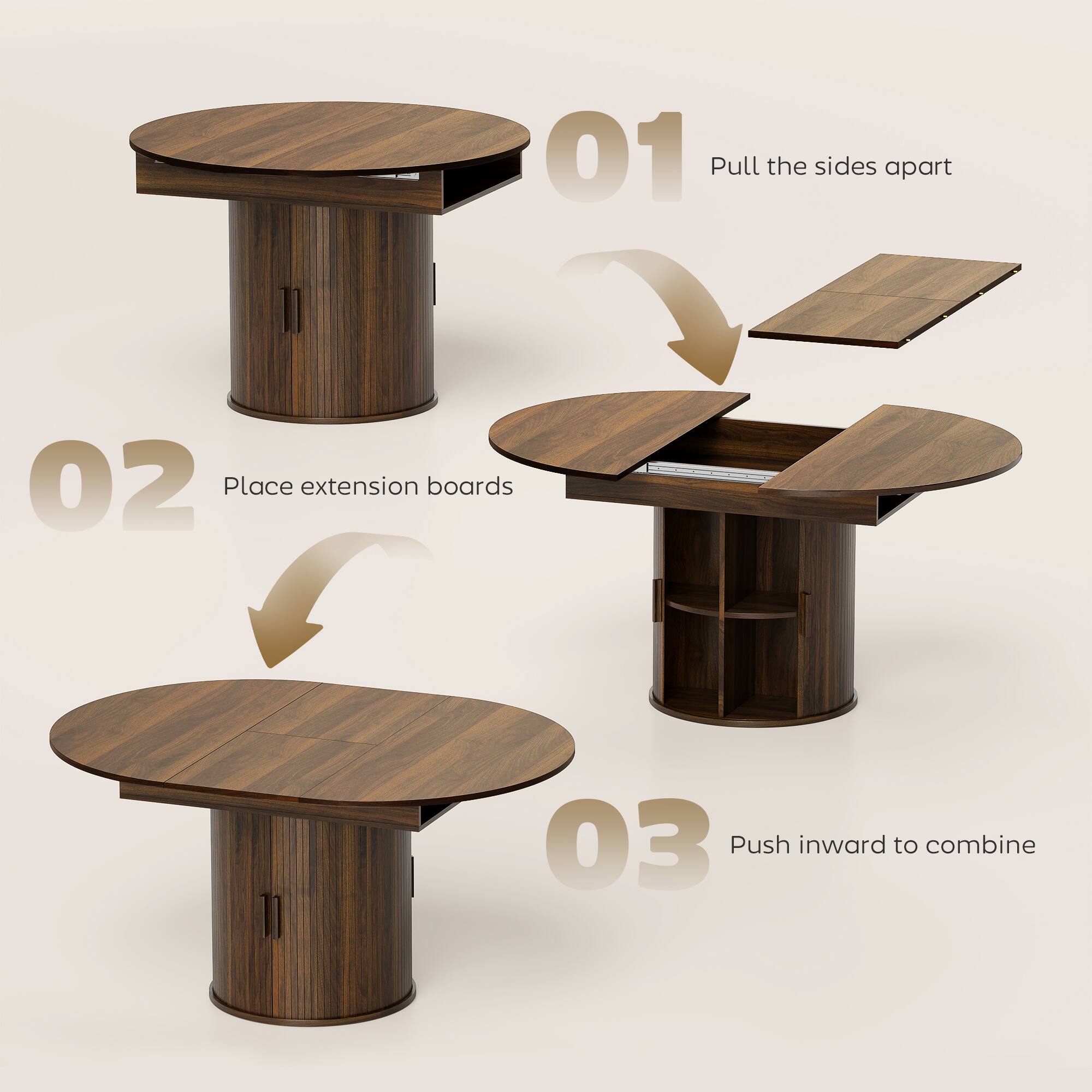 01 Pull the sides apart  
02 Place extension boards  
03 Push inward to combine