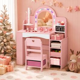 Costway - Kids Vanity Desk with Mirror and Lights Princess Pretend Play Makeup Table - Pink
