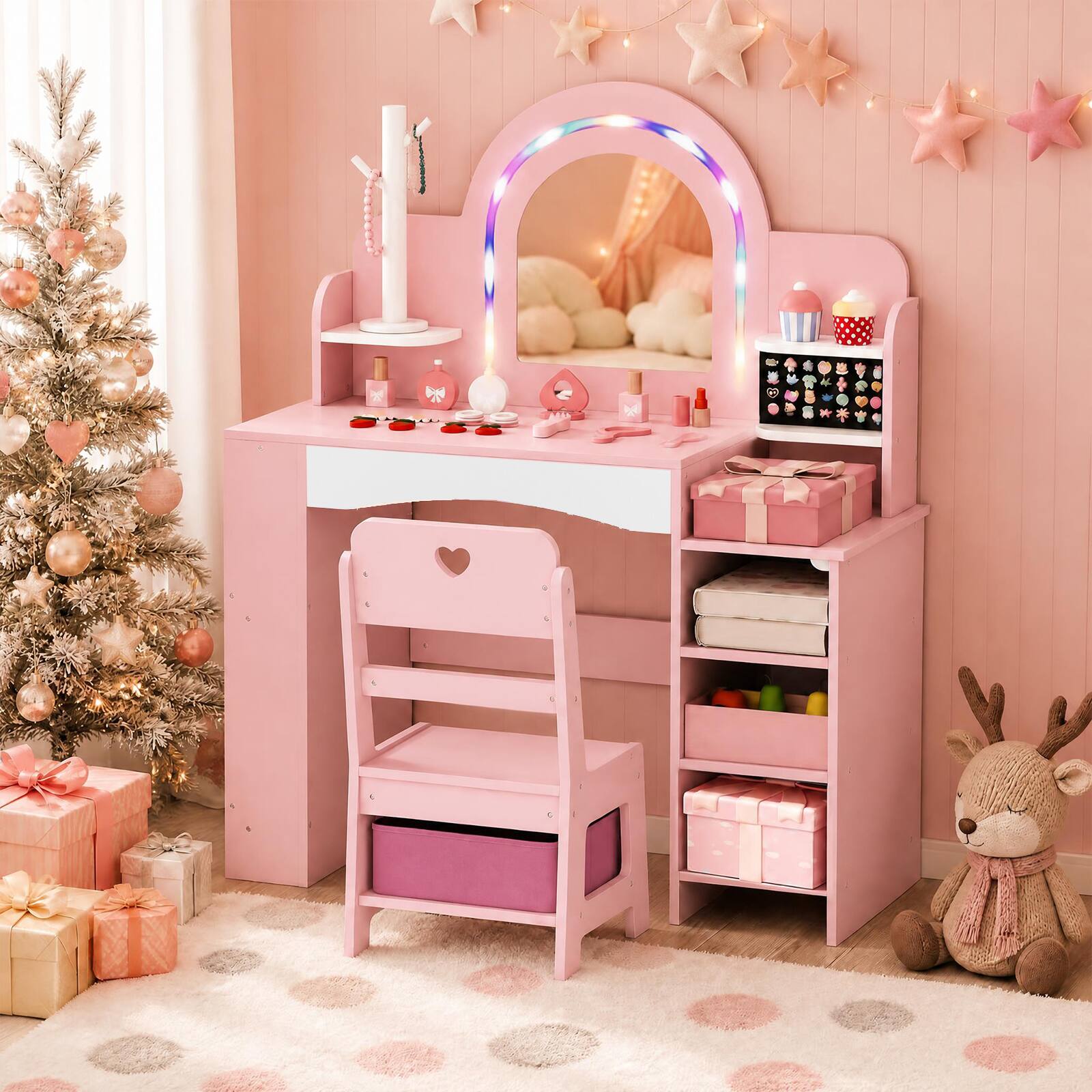 Costway - Kids Vanity Desk with Mirror and Lights Princess Pretend Play Makeup Table - Pink