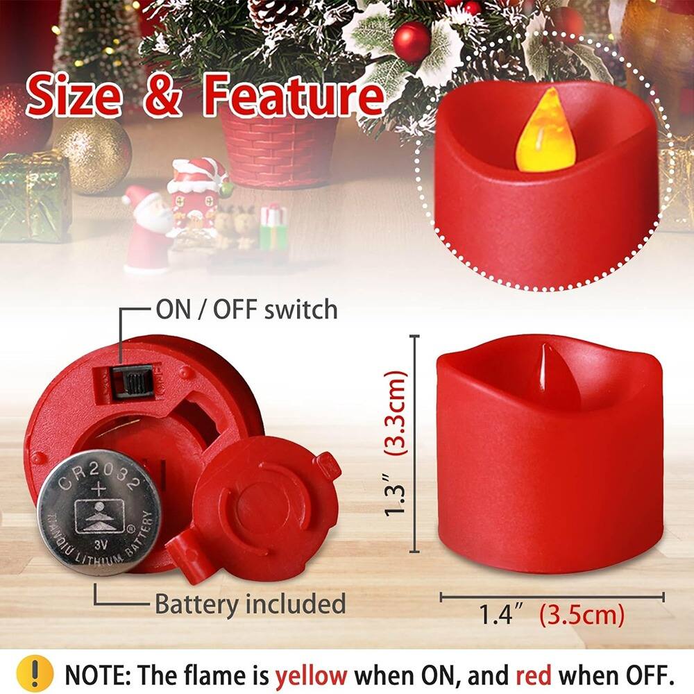 Size & Feature

- ON / OFF switch (3.3cm)
- CR2032 3V Lithium Battery included
- 1.4" (3.5cm)

NOTE: The flame is yellow when ON, and red when OFF.