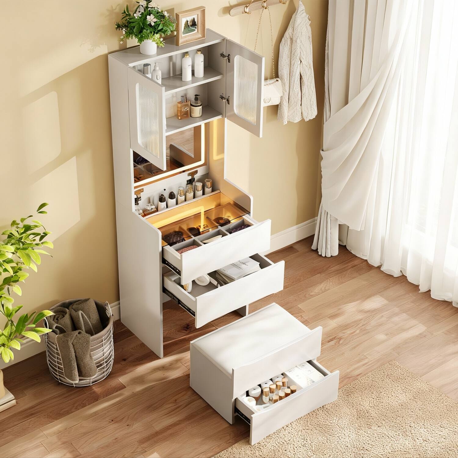 Back. Lirago - White Dresser Table Desk with LED Mirror Wood Dressing Table Storage Stool 15.35”D x 18.89”W x 62.99”H - White.