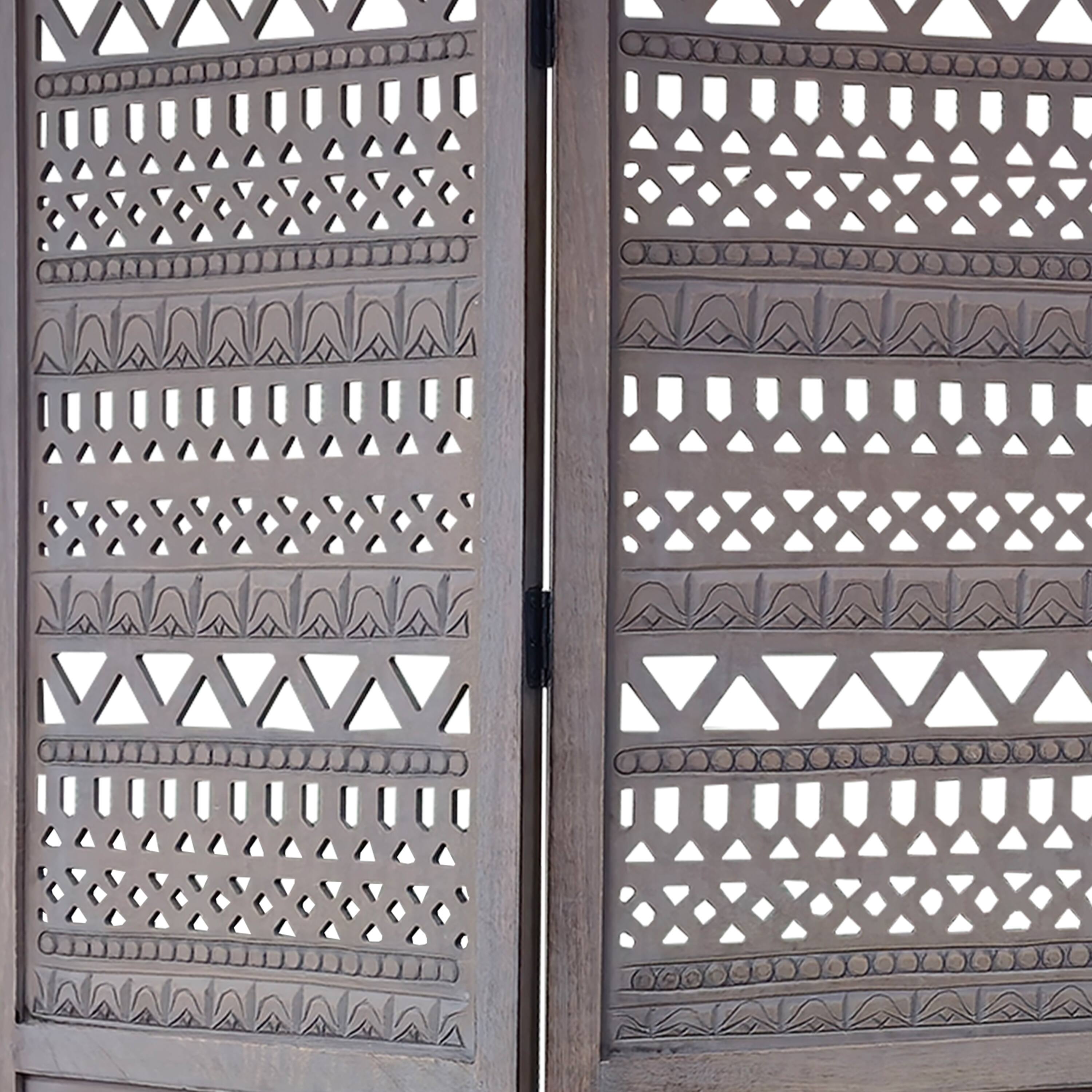 Alt View 5. Manhattan Lane - Karma 3 Panel Folding Room Divider Screen, Antique Gray Mango Wood, Inticate Cut out Geometric Design - Gray.