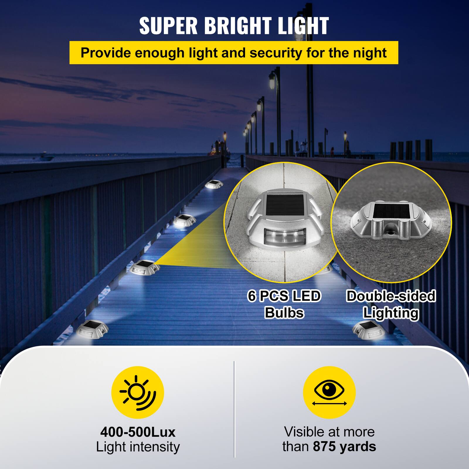 SUPER BRIGHT LIGHT  
Provide enough light and security for the night  

6 PCS LED Bulbs  
Double-sided Lighting  

400-500Lux Light intensity  
Visible at more than 875 yards