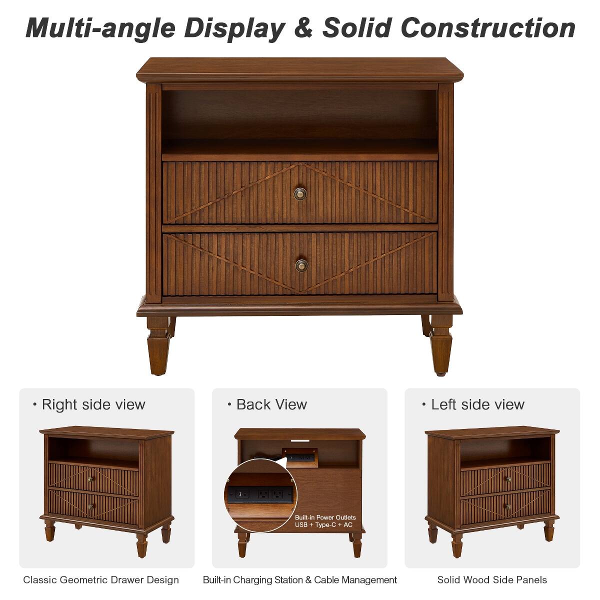 Multi-angle Display & Solid Construction

- Right side view
- Back View
- Left side view

1. Built-in Power Outlets USB + Type-C + AC
2. Classic Geometric Drawer Design
3. Built-in Charging Station & Cable Management
4. Solid Wood Side Panels