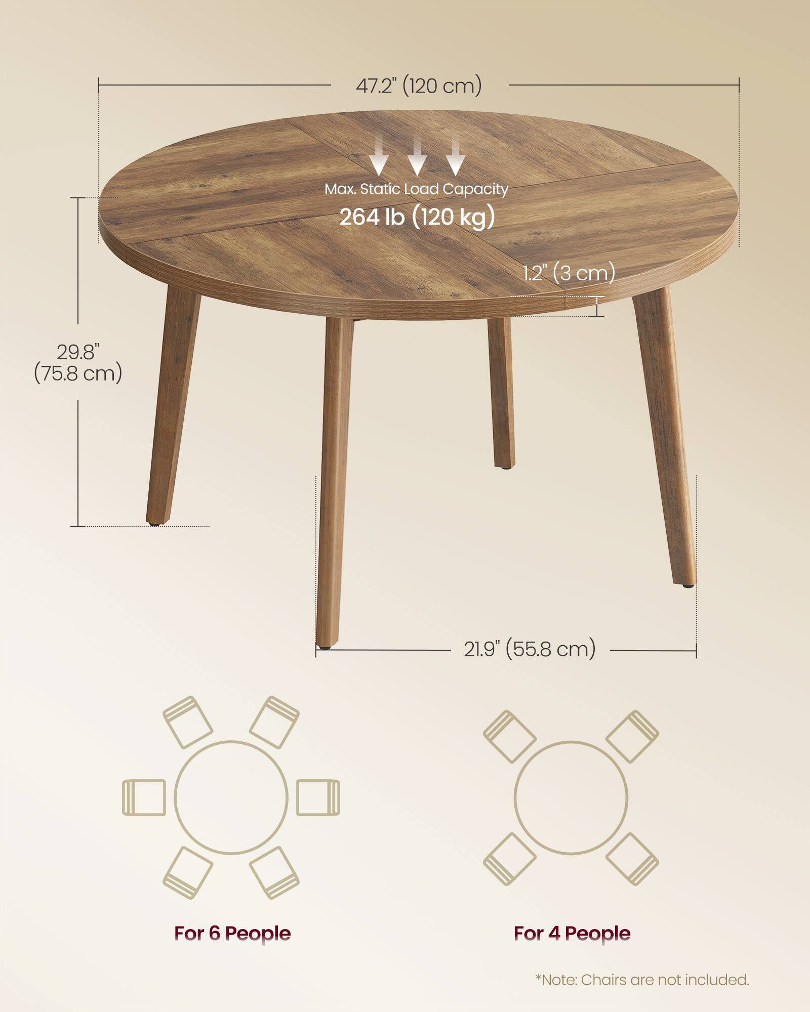 47.2" (120 cm)  
Max. Static Load Capacity: 264 lb (120 kg)  
1.2" (3 cm)  
29.8" (75.8 cm)  
21.9" (55.8 cm)  

For 6 People  
For 4 People  

*Note: Chairs are not included.
