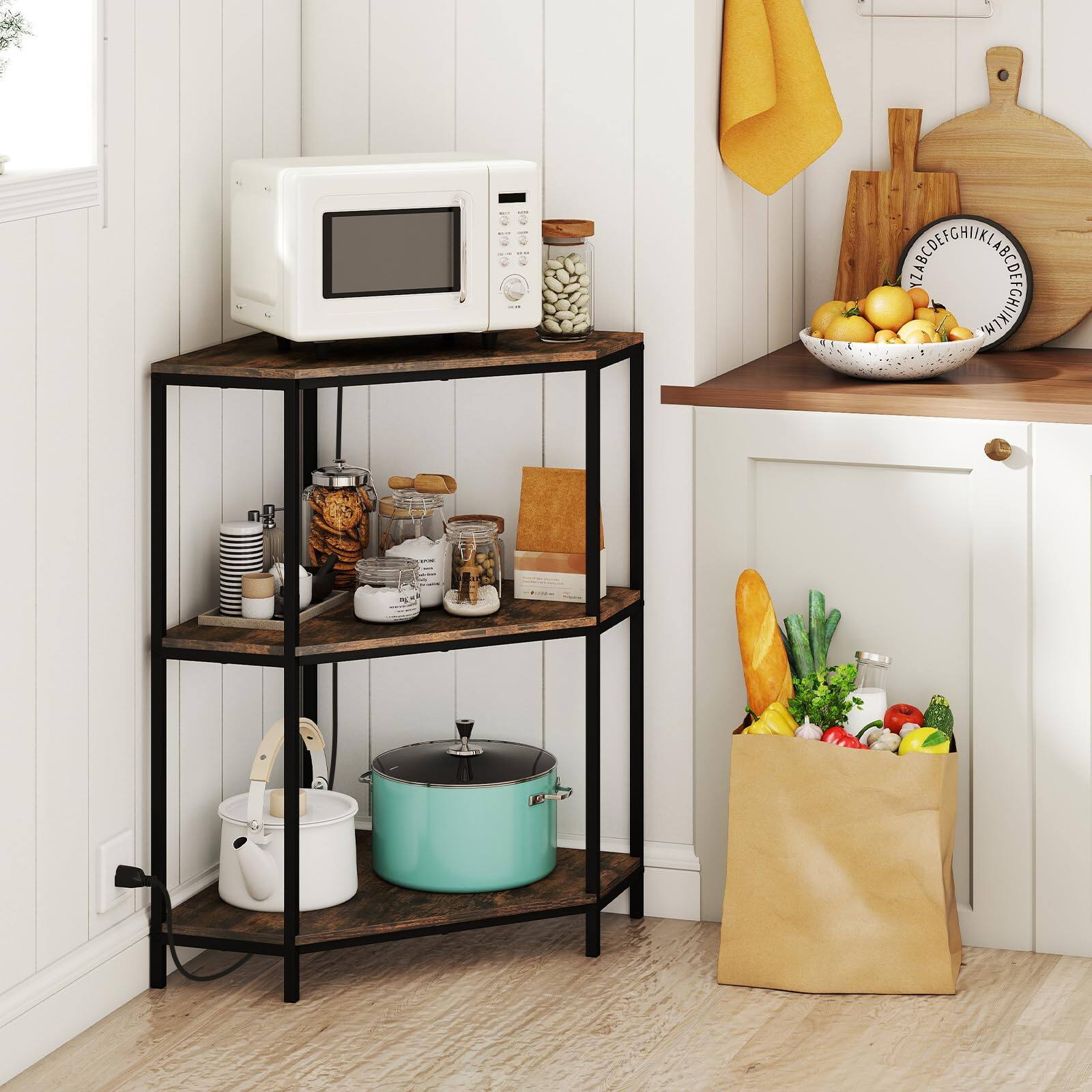 Alt View 7. Ecooso - 3-Tier Corner Printer Stand with Charging Station, Metal Frame, Space-Saving Storage Shelf - Rustic Brown & Black.