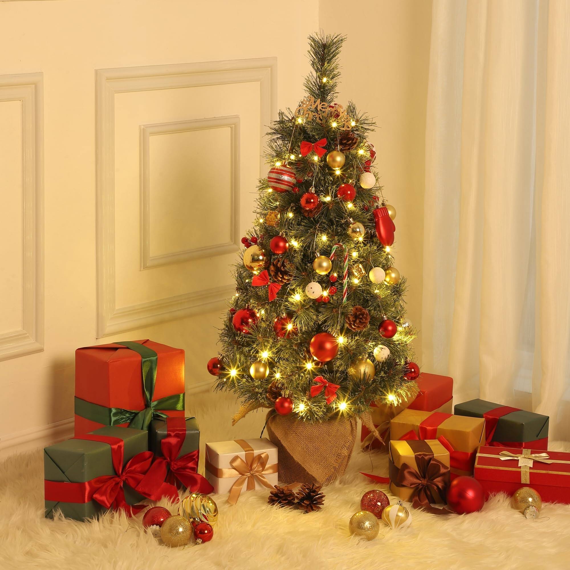 Angle. Qeetex - 3 Ft Pre-Lit Artificial Small Christmas Tree with 78 Warm White Lights,Burlap Base,Christmas Decoration for Home-2Pcs - Green.