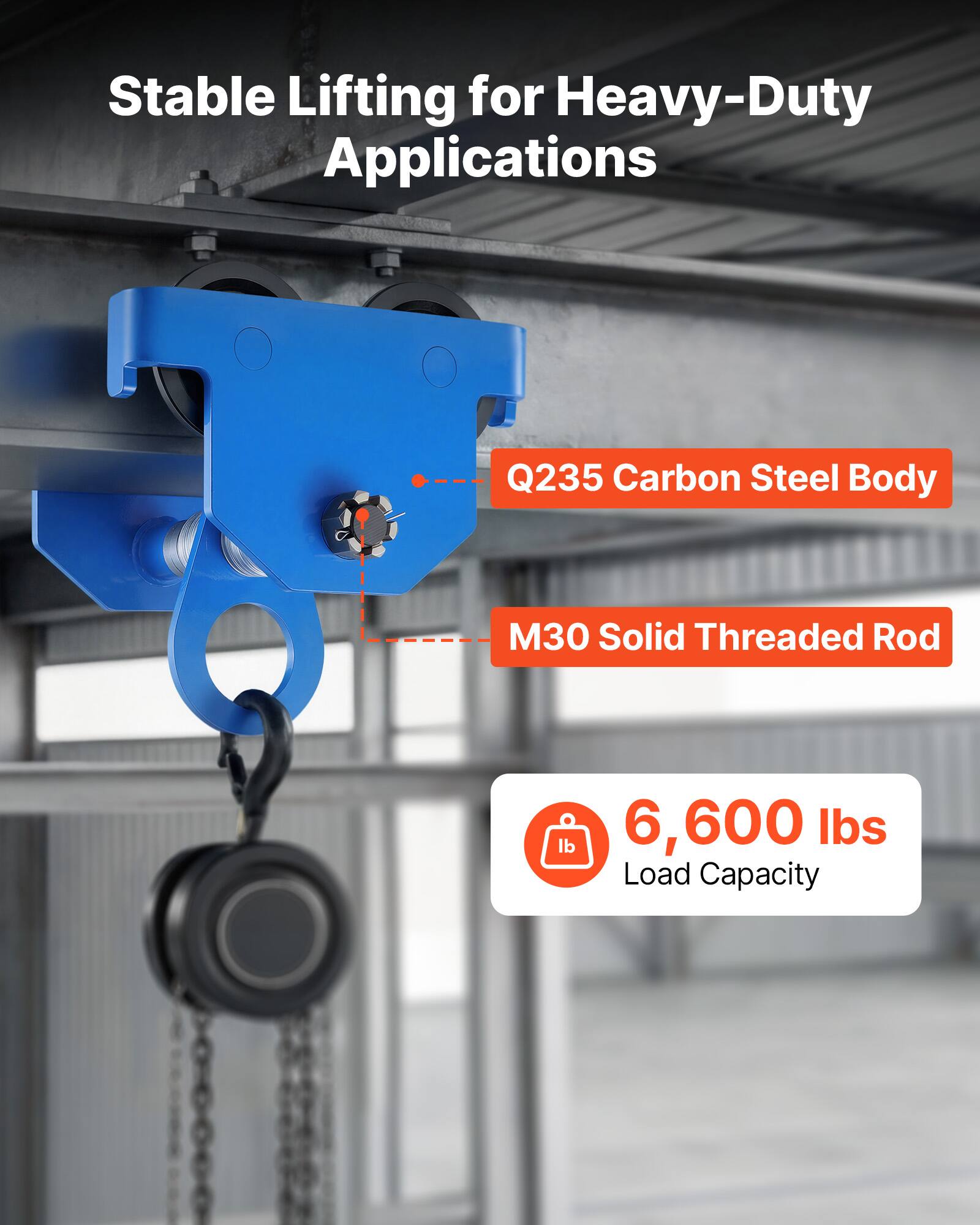 Stable Lifting for Heavy-Duty Applications

Q235 Carbon Steel Body

M30 Solid Threaded Rod

6,600 lbs Load Capacity