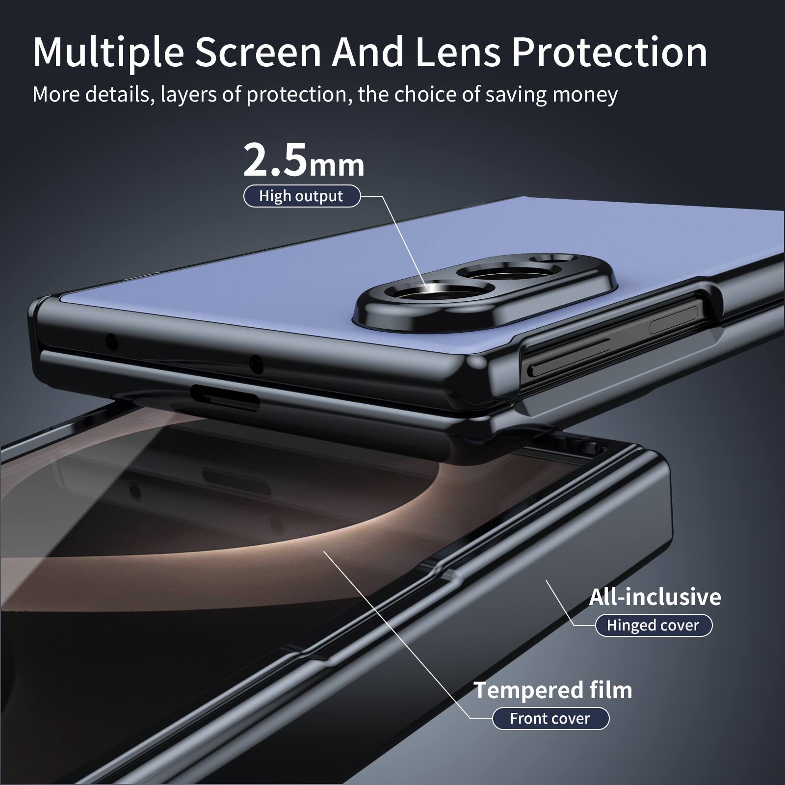 Multiple Screen And Lens Protection  
More details, layers of protection, the choice of saving money  
2.5mm High output  
All-inclusive Hinged cover  
Tempered film Front cover