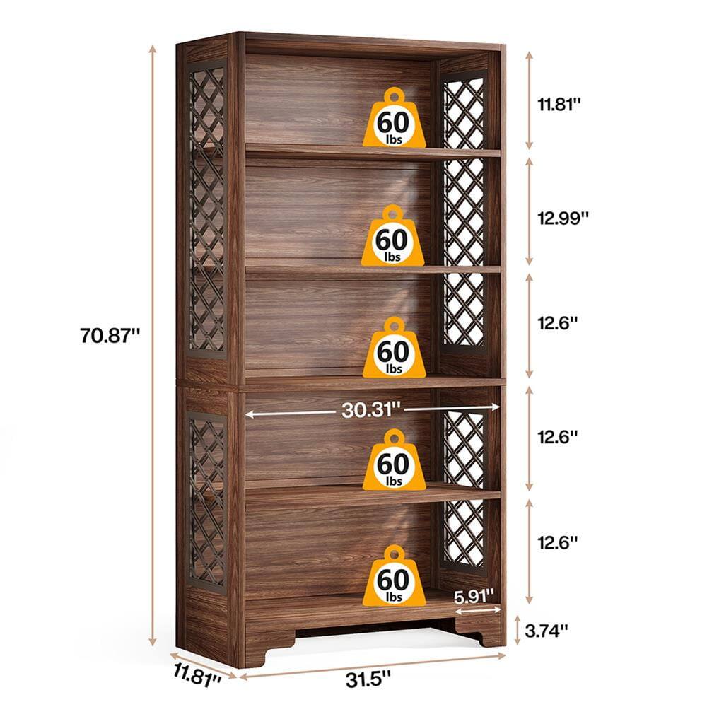 - 70.87" (height)
- 31.5" (width)
- 11.81" (depth)
- 30.31" (shelf width)
- 12.99" (shelf height)
- 12.6" (shelf height)
- 12.6" (shelf height)
- 5.91" (shelf height)
- 3.74" (shelf height)
- 60 lbs (shelf weight capacity)