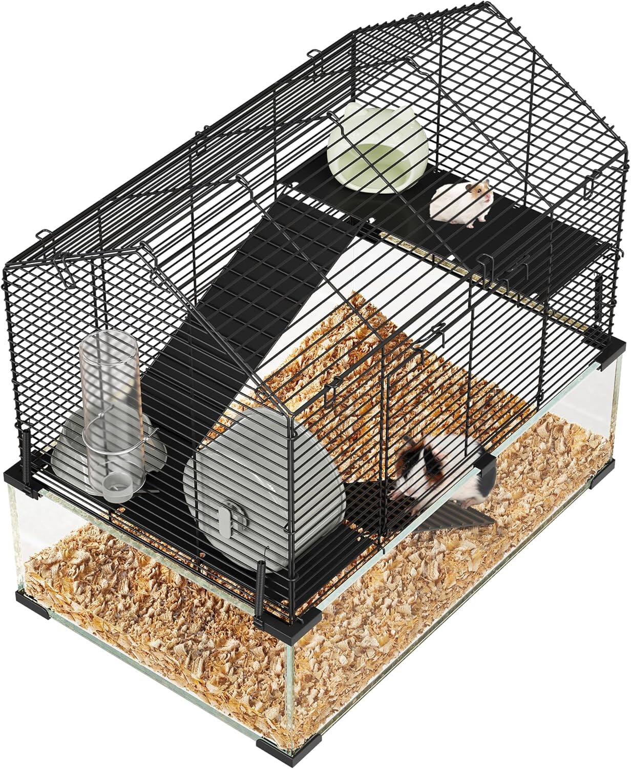 Left. Acekool - 3-Tier Large Hamster Cage, 360° Viewing Transparent Guinea Pig Cage with Water Bottle, Hut, Wheel, Food Dish, Black.