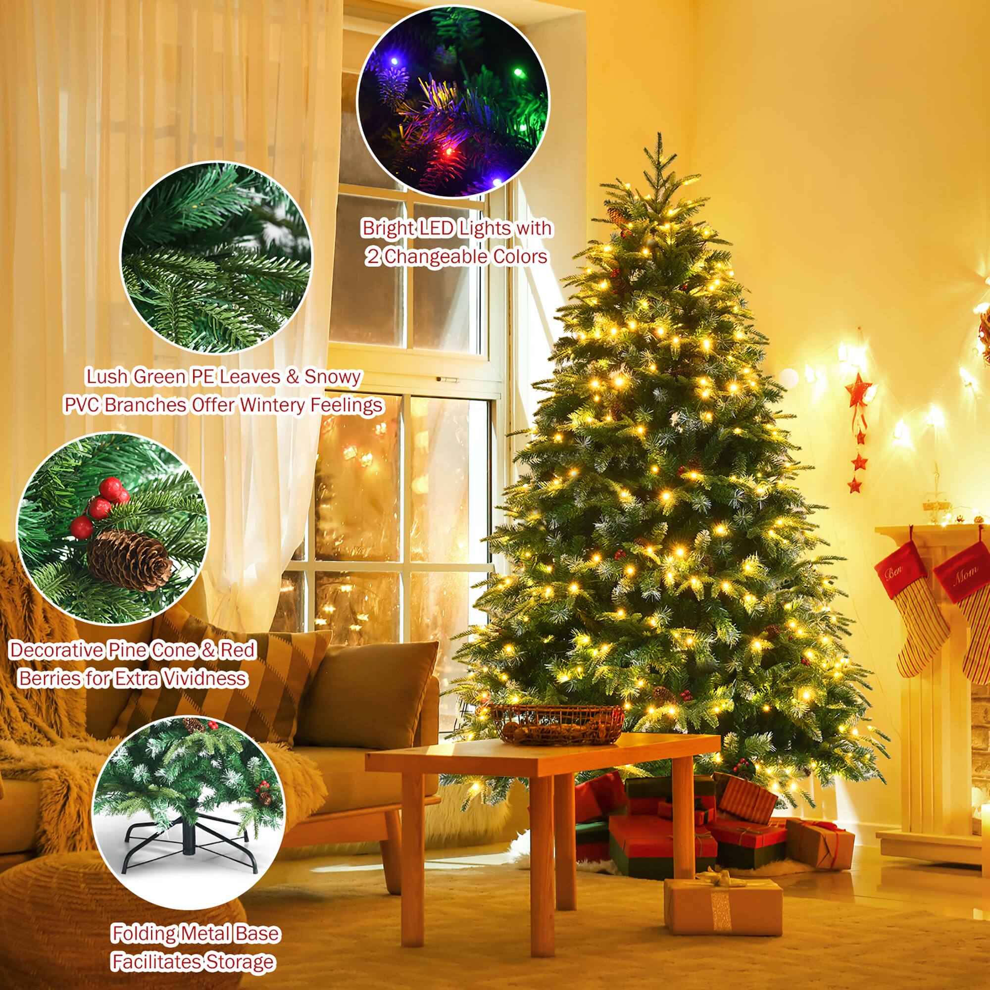The text on the image is grouped and corrected as follows:

1. Bright LED Lights with 2 Changeable Colors
2. Lush Green PE Leaves & Snowy PVC Branches Offer Wintery Feelings
3. Decorative Pine Cone & Red Berries for Extra Vividness
4. Folding Metal Base Facilitates Storage

These are the main features of the Christmas tree and decorations in the image.