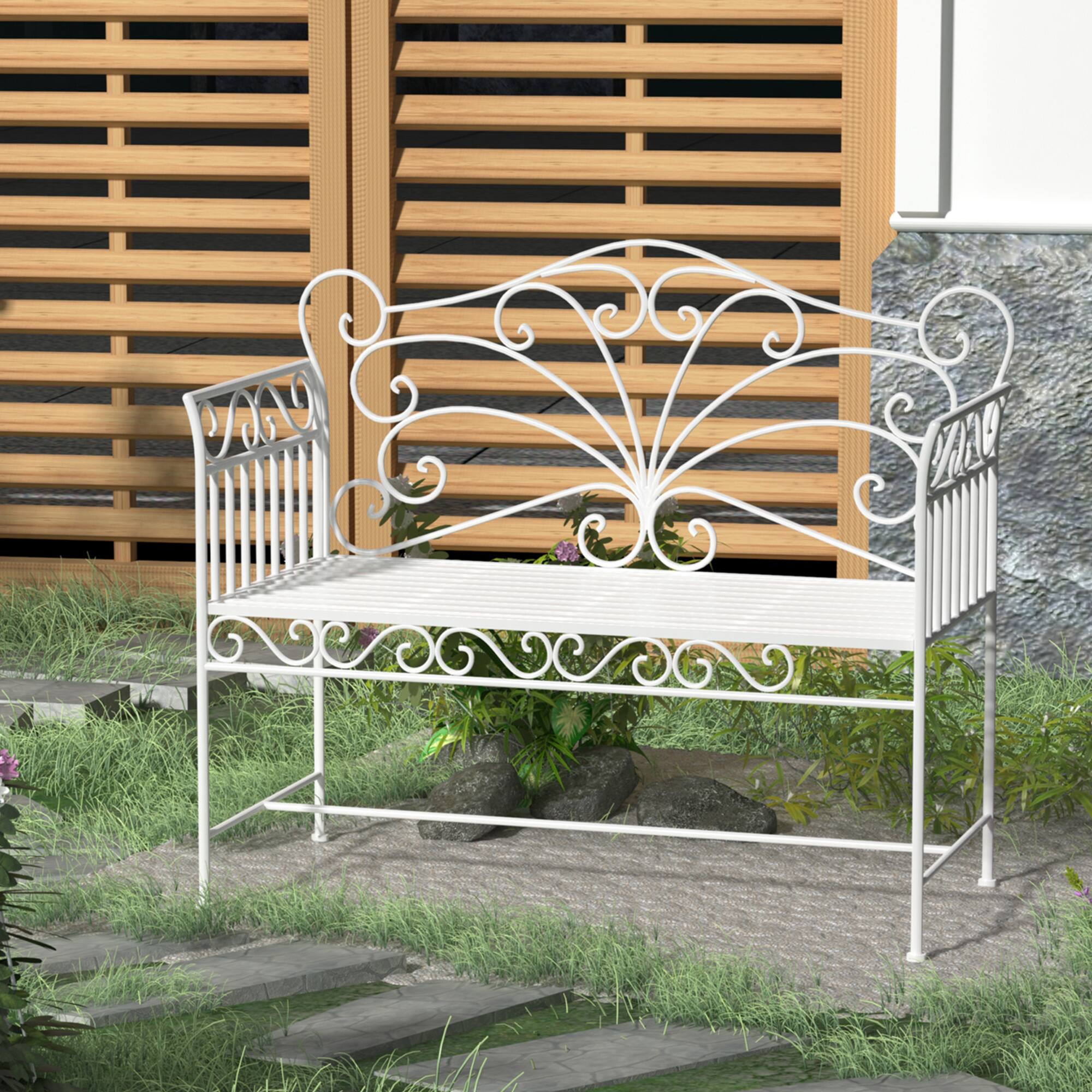 Alt View 1. Outsunny - Garden Bench, Outdoor Patio Bench with Armrests, Metal Porch Bench for Backyard, Poolside, Lawn - White.