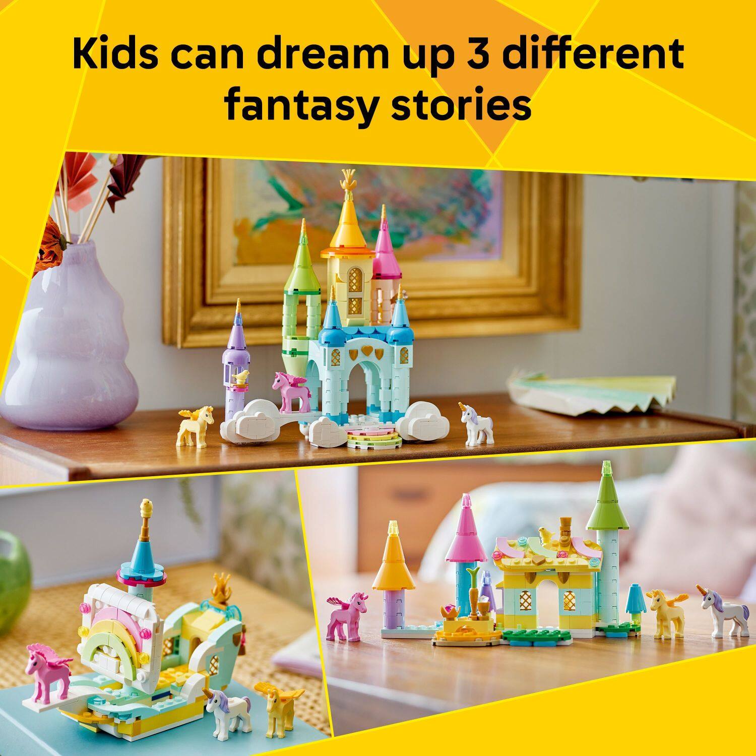 Kids can dream up 3 different fantasy stories.