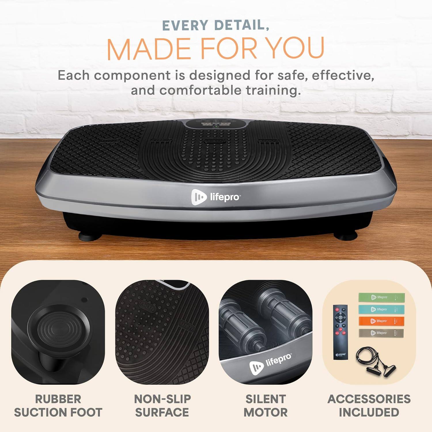 EVERY DETAIL, MADE FOR YOU  
Each component is designed for safe, effective, and comfortable training.  

- RUBBER SUCTION FOOT  
- NON-SLIP SURFACE  
- SILENT MOTOR  
- ACCESSORIES INCLUDED