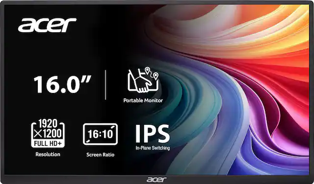 acer 16.0" Portable Monitor 1920 X 1200 FULL HD+ Resolution 16:10 Screen Ratio IPS In-Plane Switching