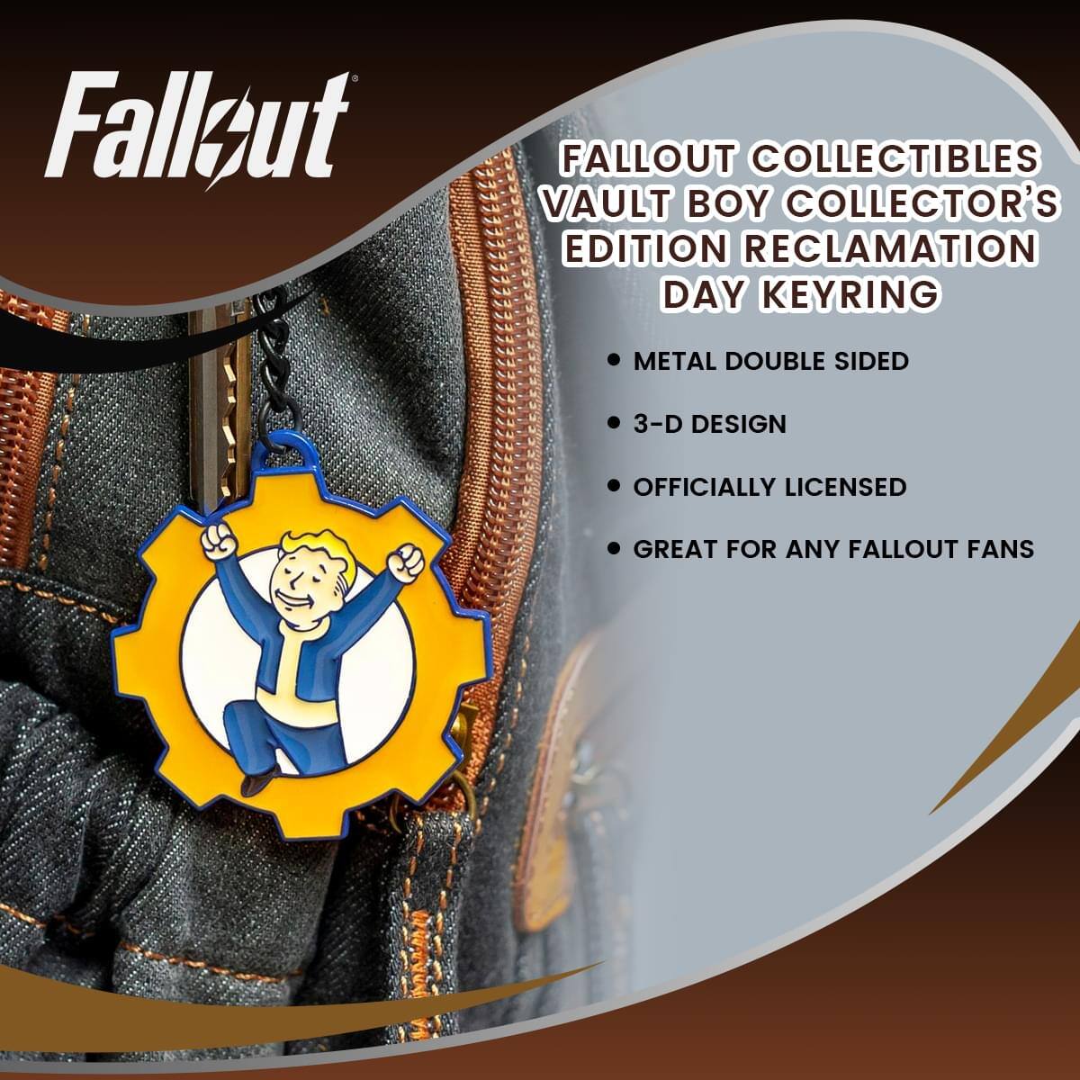 Fallout Collectibles Vault Boy Collector's Edition Reclamation Day Keyring

- Metal Double Sided
- 3-D Design
- Officially Licensed
- Great for Any Fallout Fans