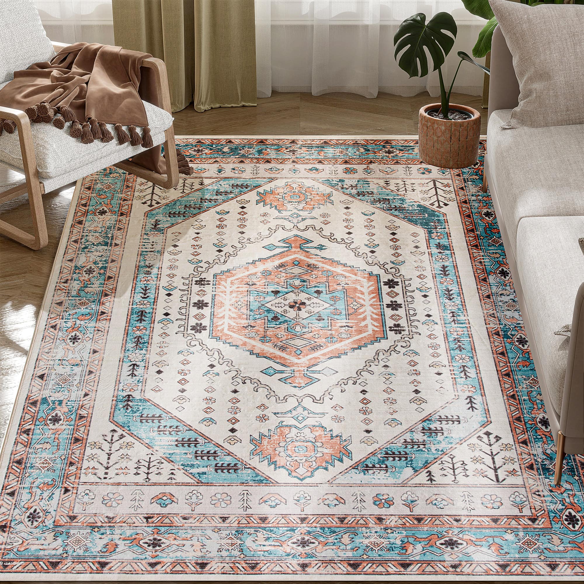 Homcom - Washable Area Rug, 4'x6' Vintage Indoor Distressed Carpet, Retro Floor Cover Foldable, Floral Print Mat for Living Room - Brown and Blue