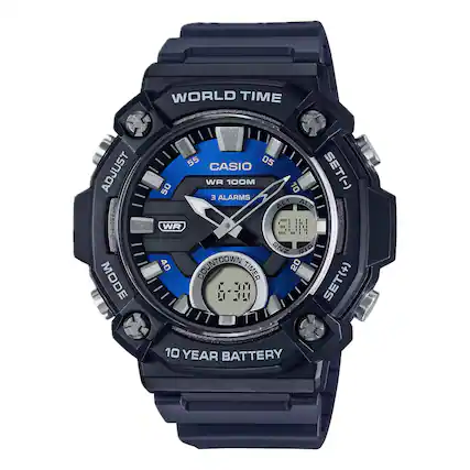 WORLD TIME ADJUST MODE 55 CASIO 05 50 WR 100M 10 SET(-) 3 ALARMS ALT SJA WR SUN SNZ SIG 40 COUNTDOWN TIMER 20 6-38 SET(+) 10 YEAR BATTERY