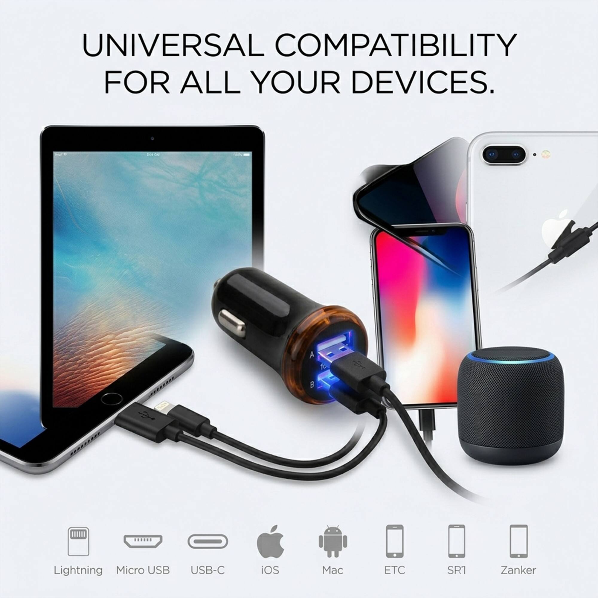 UNIVERSAL COMPATIBILITY FOR ALL YOUR DEVICES.

Din-Dal
A to B

OFFIC

Lightning Micro USB USB-C iOS Mac ETC SR1 Zanker