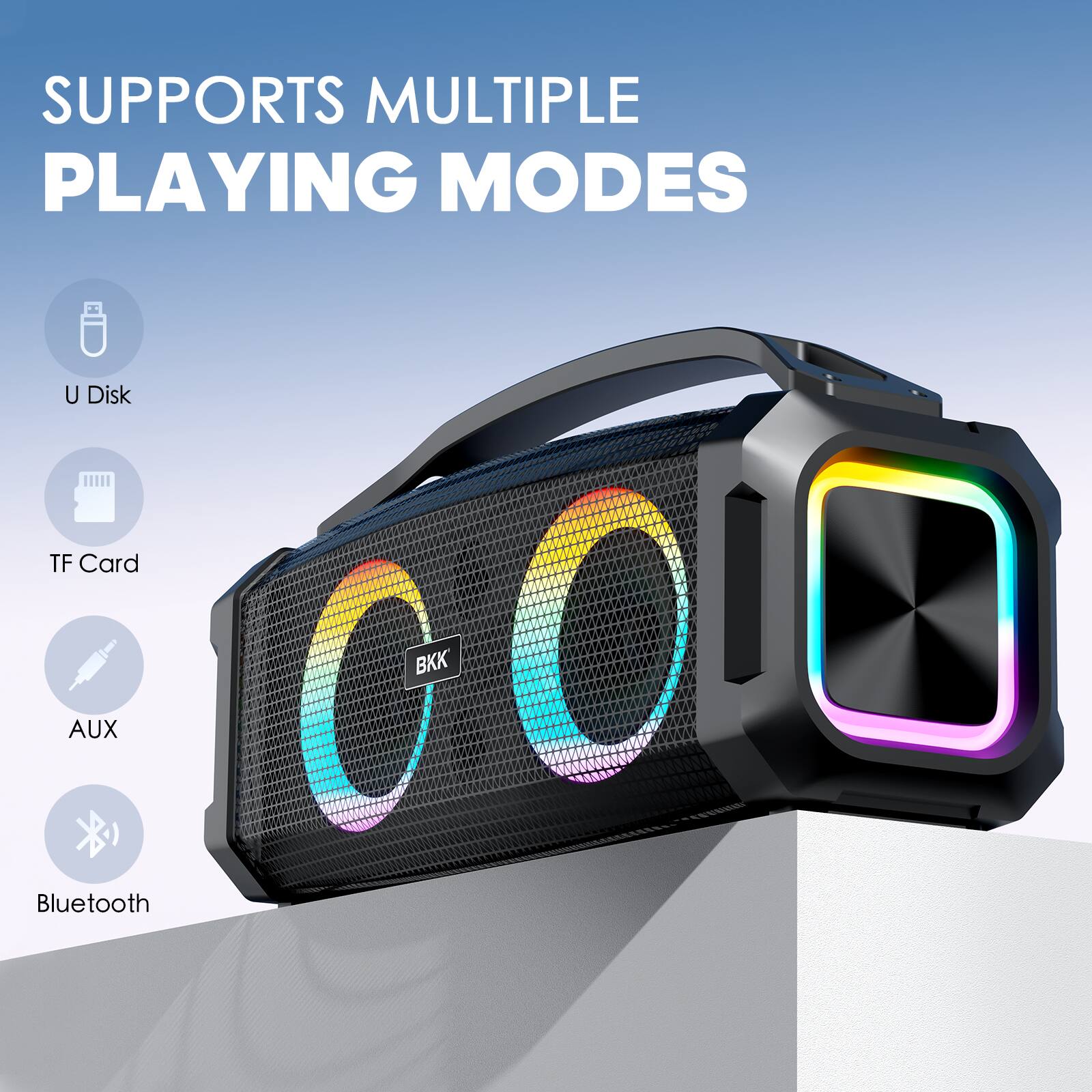 SUPPORTS MULTIPLE PLAYING MODES

- U Disk
- TF Card
- AUX
- Bluetooth