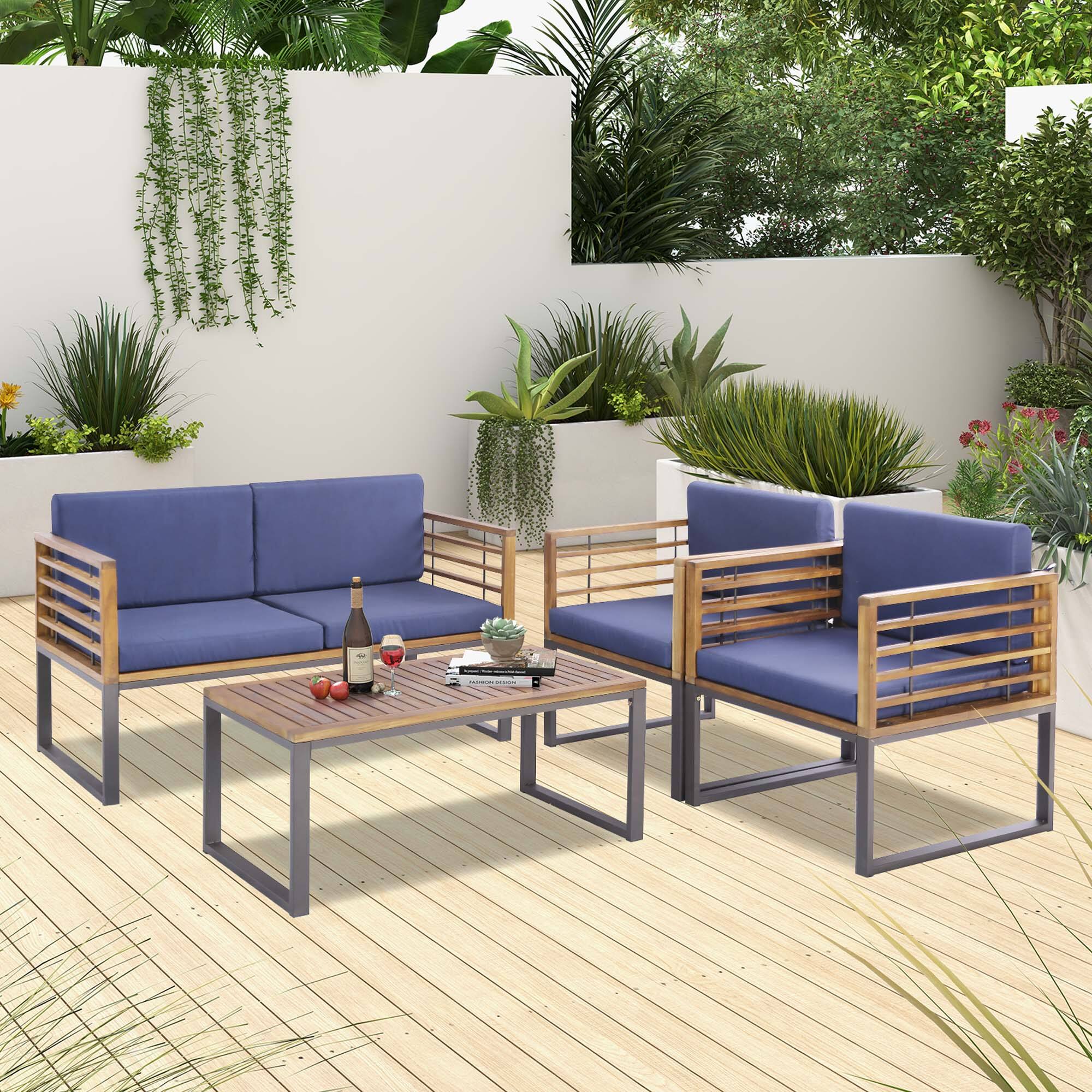 Alt View 2. Costway - Costway 4pcs Patio Acacia Wood Chair Table Loveseat Cushioned Furniture Set Outdoor - Black, Natural, Navy Blue.
