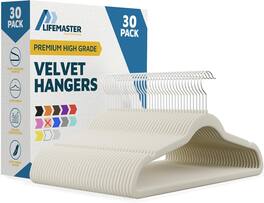 Lifemaster - Velvet Hanger Set – 30-Pack, Non-Slip, 360° Hook, Space-Saving, Lightweight Design - Ivory