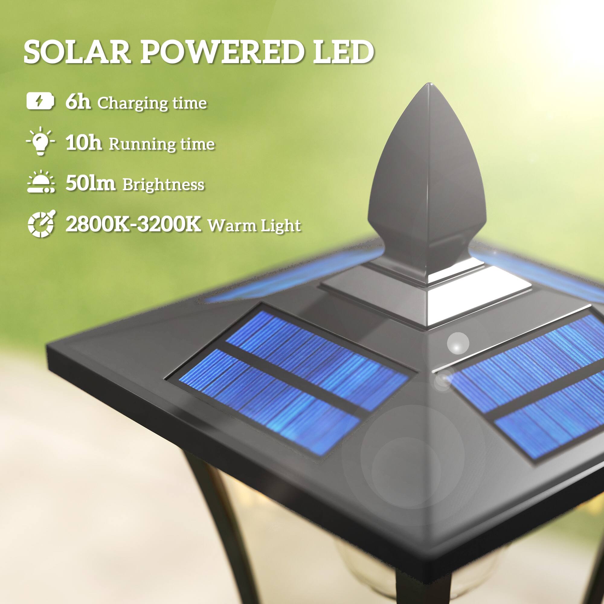 SOLAR POWERED LED

- 6h Charging time
- 10h Running time
- 50lm Brightness
- 2800K-3200K Warm Light