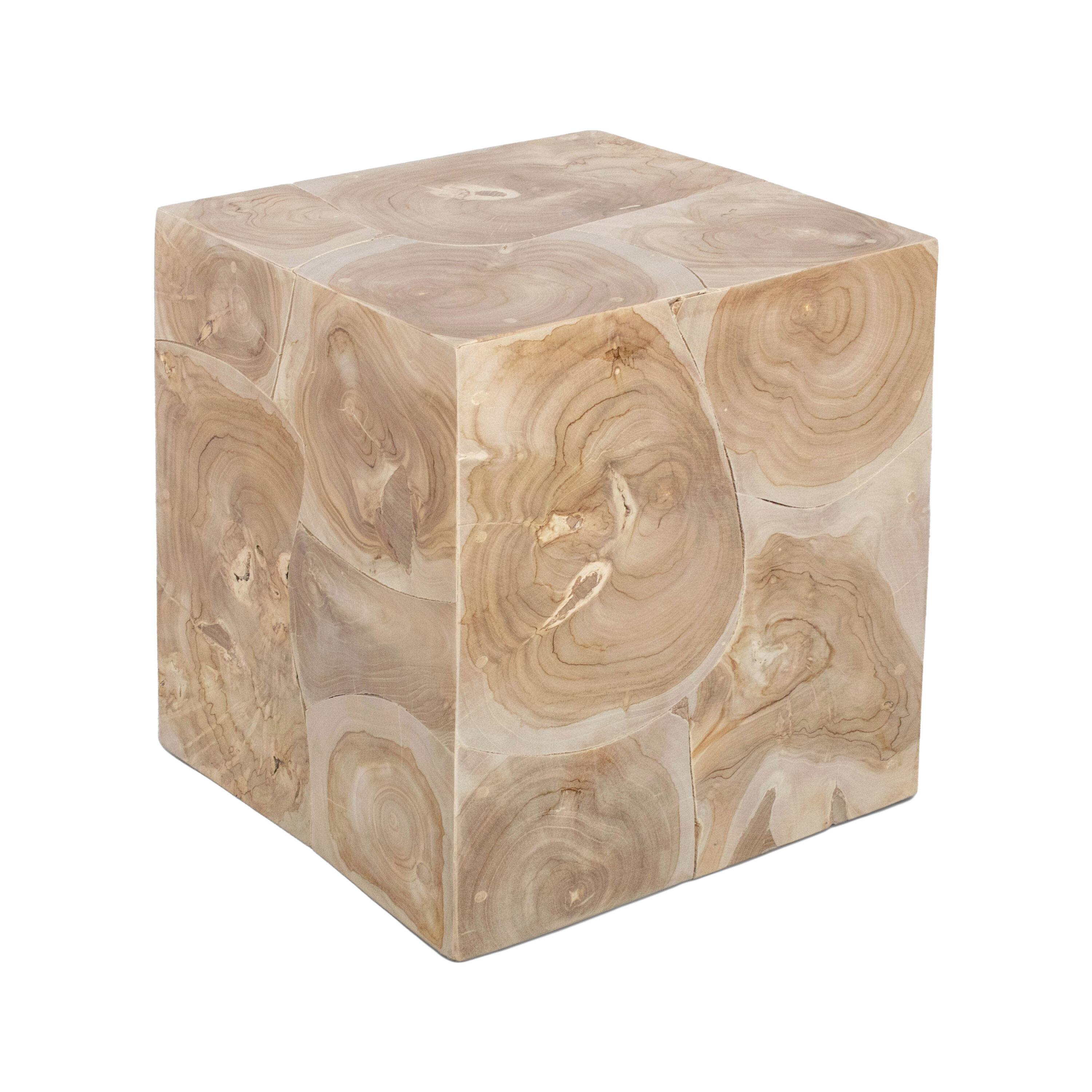 Angle. Manhattan Lane - Sira Mosaic Side End Table, Hand Oiled Natural Brown Finish, 20 Inch Solid Teak Wood Slice Cube - Natural Brown.