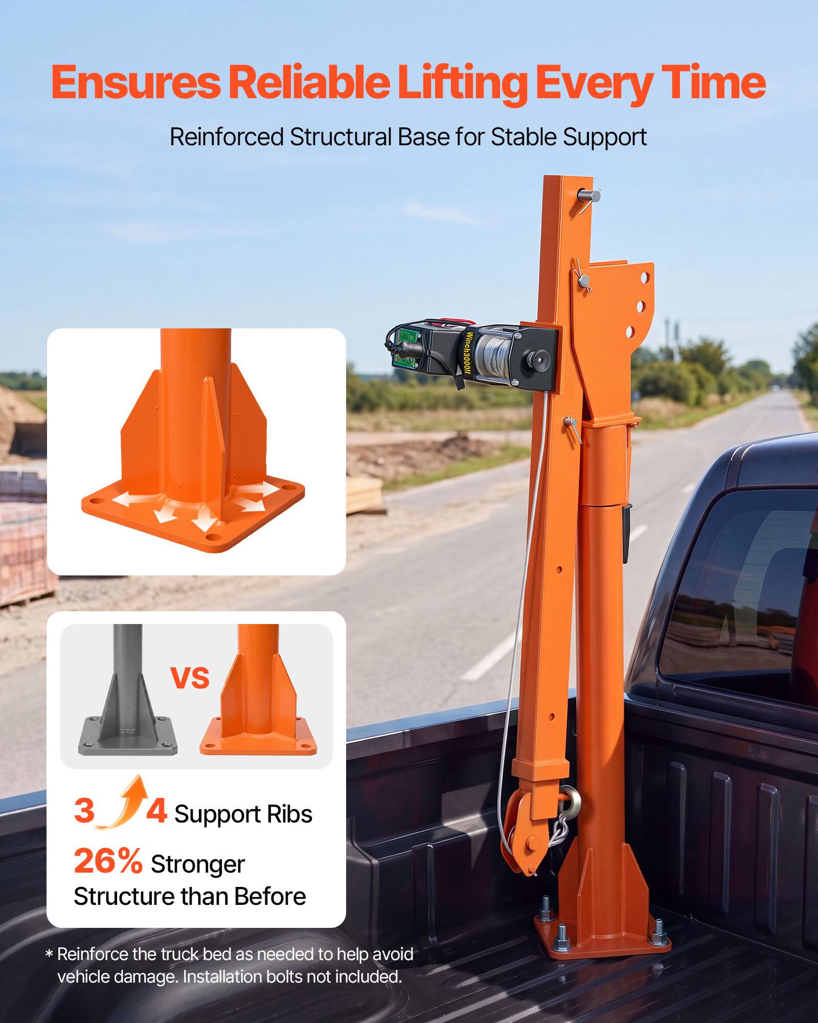 Ensures Reliable Lifting Every Time  
Reinforced Structural Base for Stable Support

THE Winch3000M

VS

3 4 Support Ribs  
26% Stronger Structure than Before

* Reinforce the truck bed as needed to help avoid vehicle damage. Installation bolts not included.