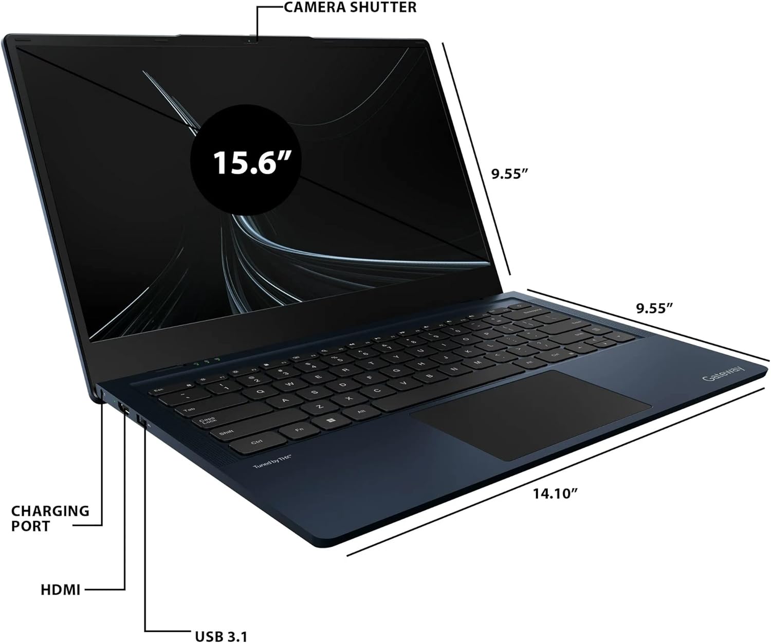 CAMERA SHUTTER  
15.6"  
9.55"  
CHARGING PORT  
HDMI  
USB 3.1  
14.10"