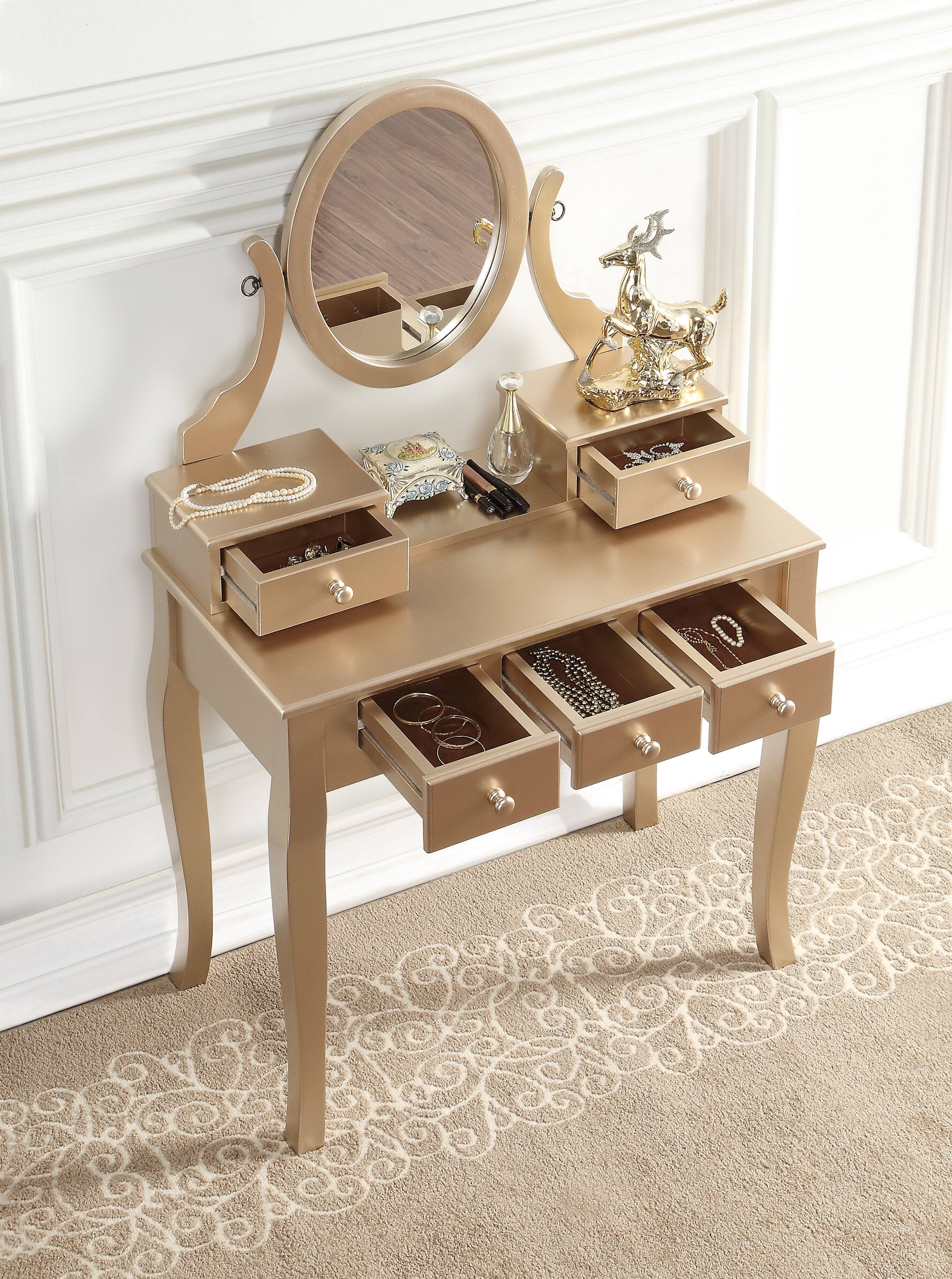 Angle. APRILSOUL - Ashley Wood Make-Up Vanity Table and Stool Set Ashley Wood Makeup Vanity Table and Stool Set Gold - Gold.
