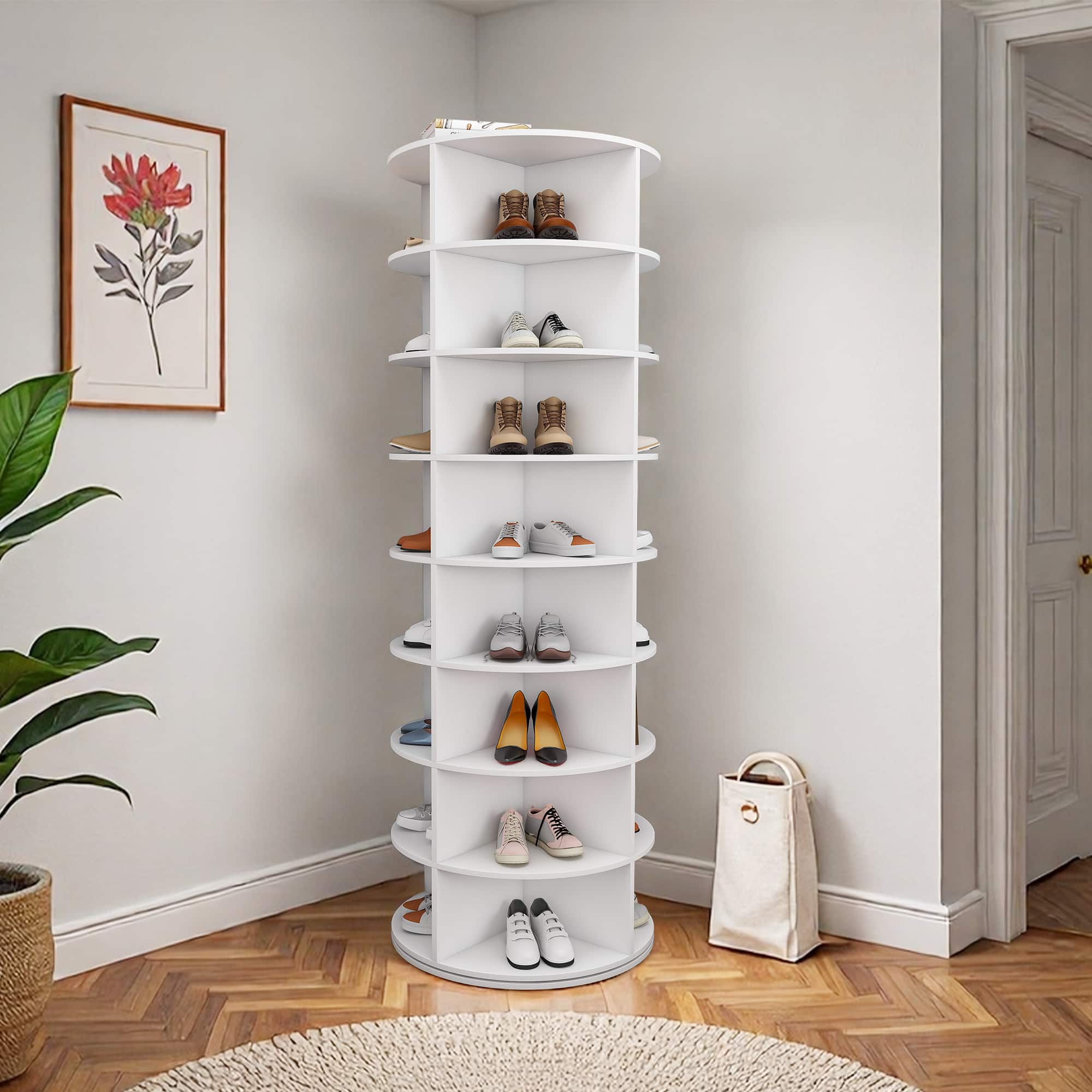 Z-Edge - Rotating Shoe Rack Tower, 8-Tier Spinning Storage Rack, 360° Revolving Shoe Organizer, Holds 32 Pairs of Shoes - White
