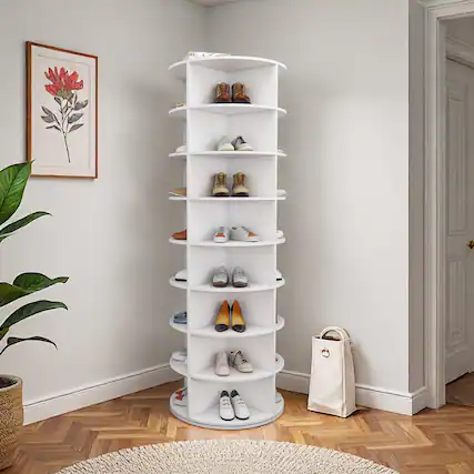 Front. MERAVOM - Rotating Shoe Rack Tower, 8-Tier Spinning Storage Rack, 360° Revolving Shoe Organizer, Holds 32 Pairs of Shoes - White.