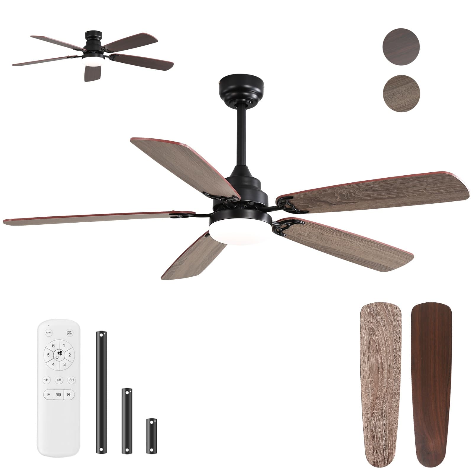Sofucor - 52 Inch Flush Mount LED Ceiling Fan With Dual Finish Blades and Remote Modern Low Profile Ceiling Fan Bedroom Farmhouse - Black