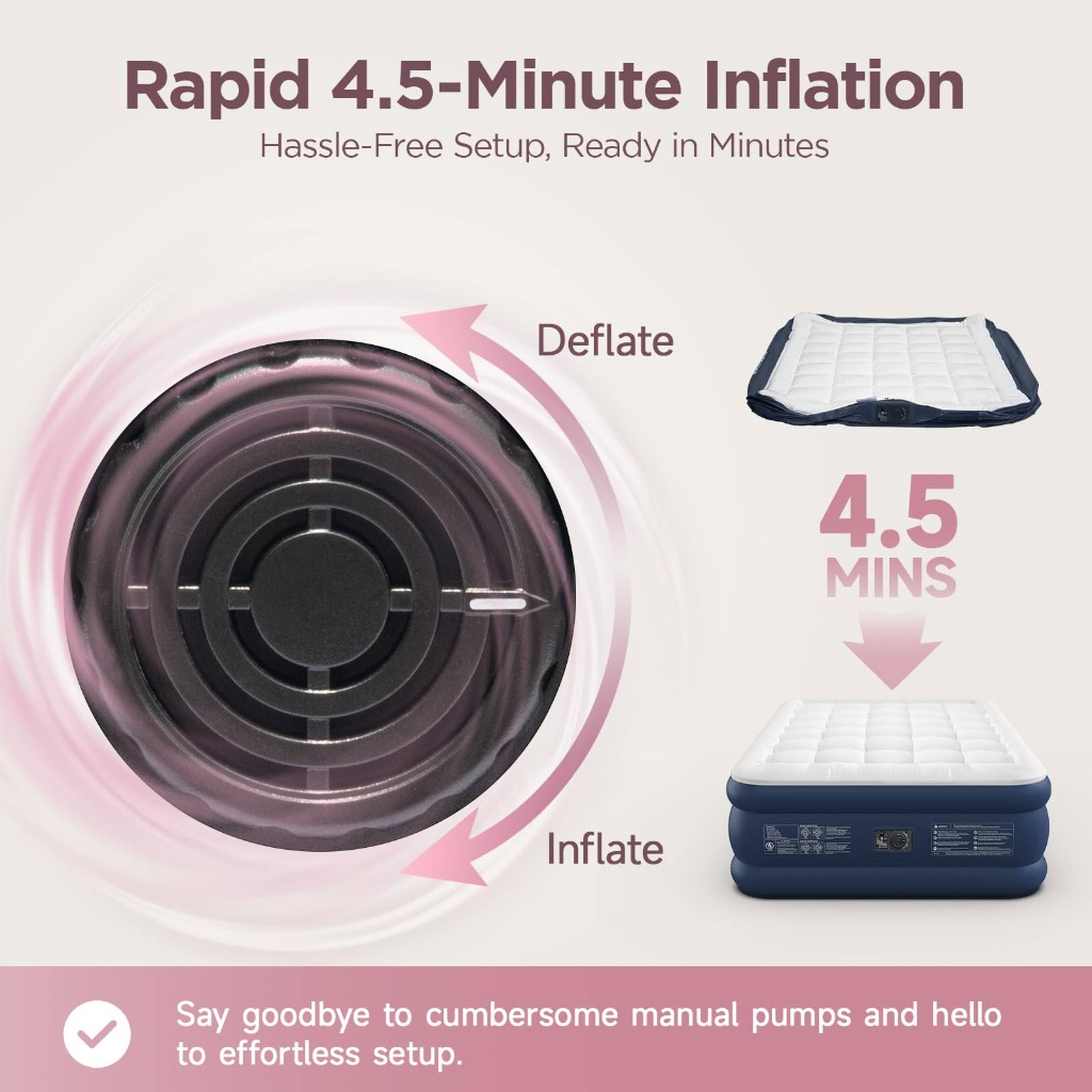 Rapid 4.5-Minute Inflation  
Hassle-Free Setup, Ready in Minutes

Deflate  
4.5 MINS  
Inflate

Say goodbye to cumbersome manual pumps and hello to effortless setup.