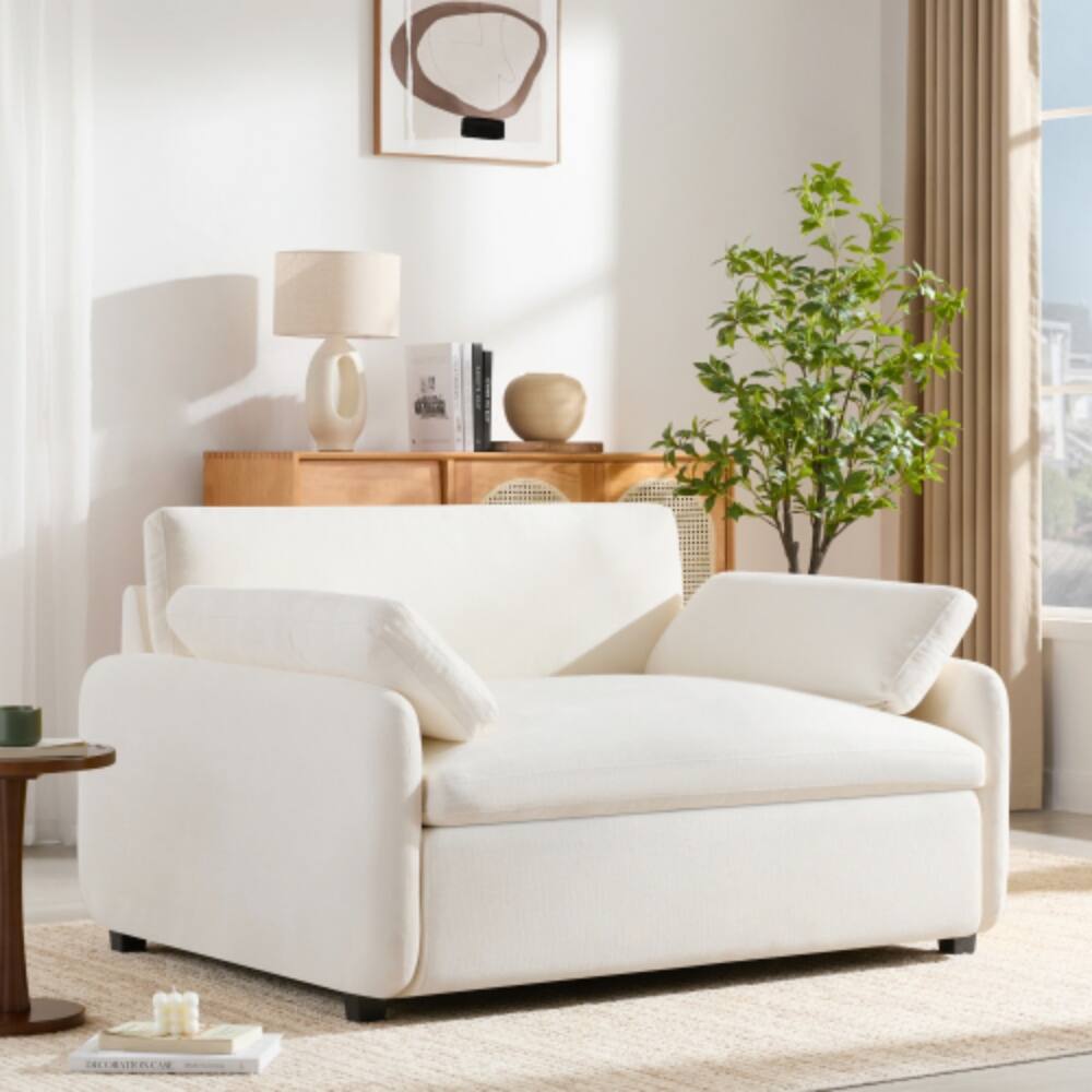 LUCKY ONE - 50" Oversized Chenille Single Sofa Chair w/ Wide Deep Seat & 2 Pillows - Cream