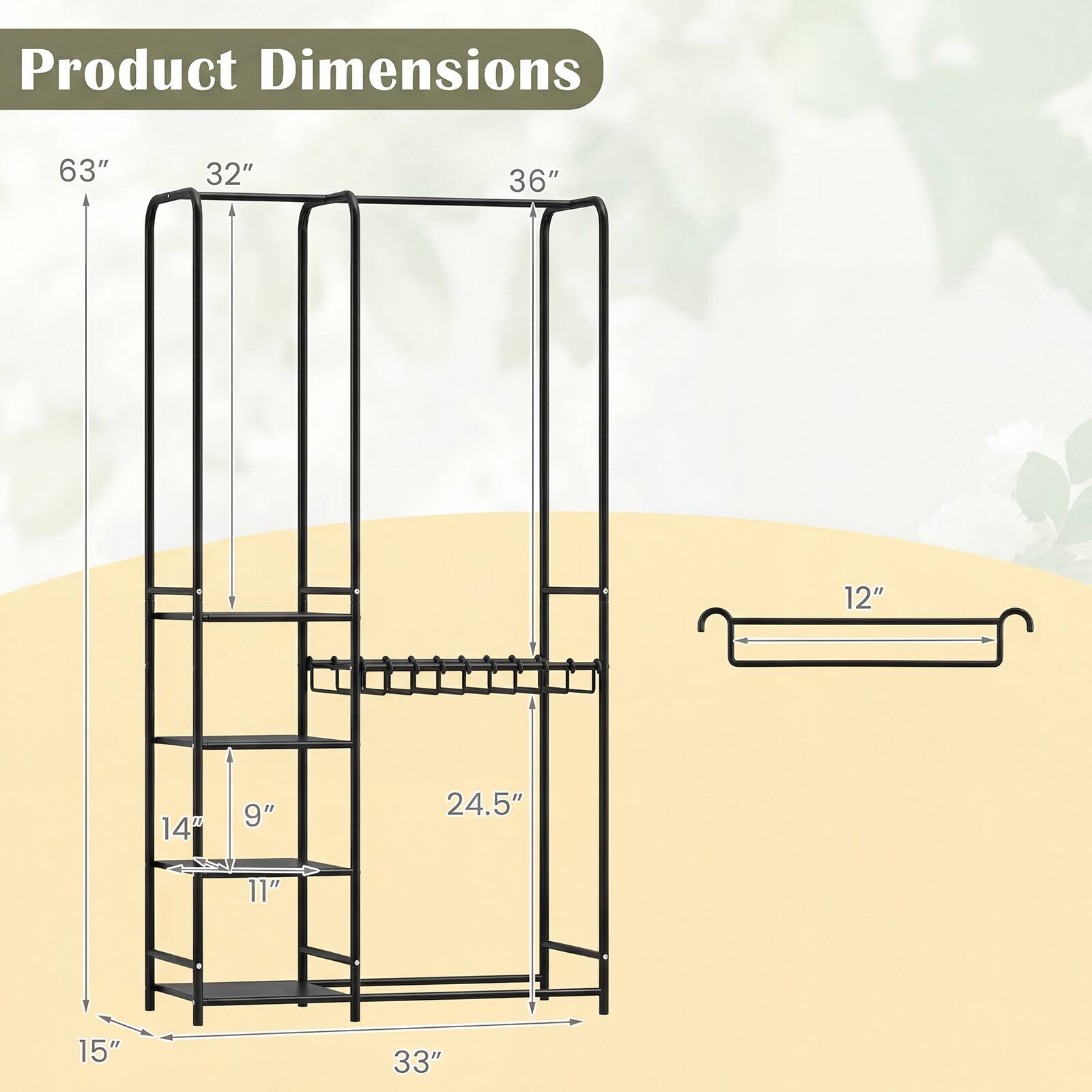 Product Dimensions: 63" x 32" x 36" x 12" x 14" x 9" x 24.5" x 11" x 15" x 33"