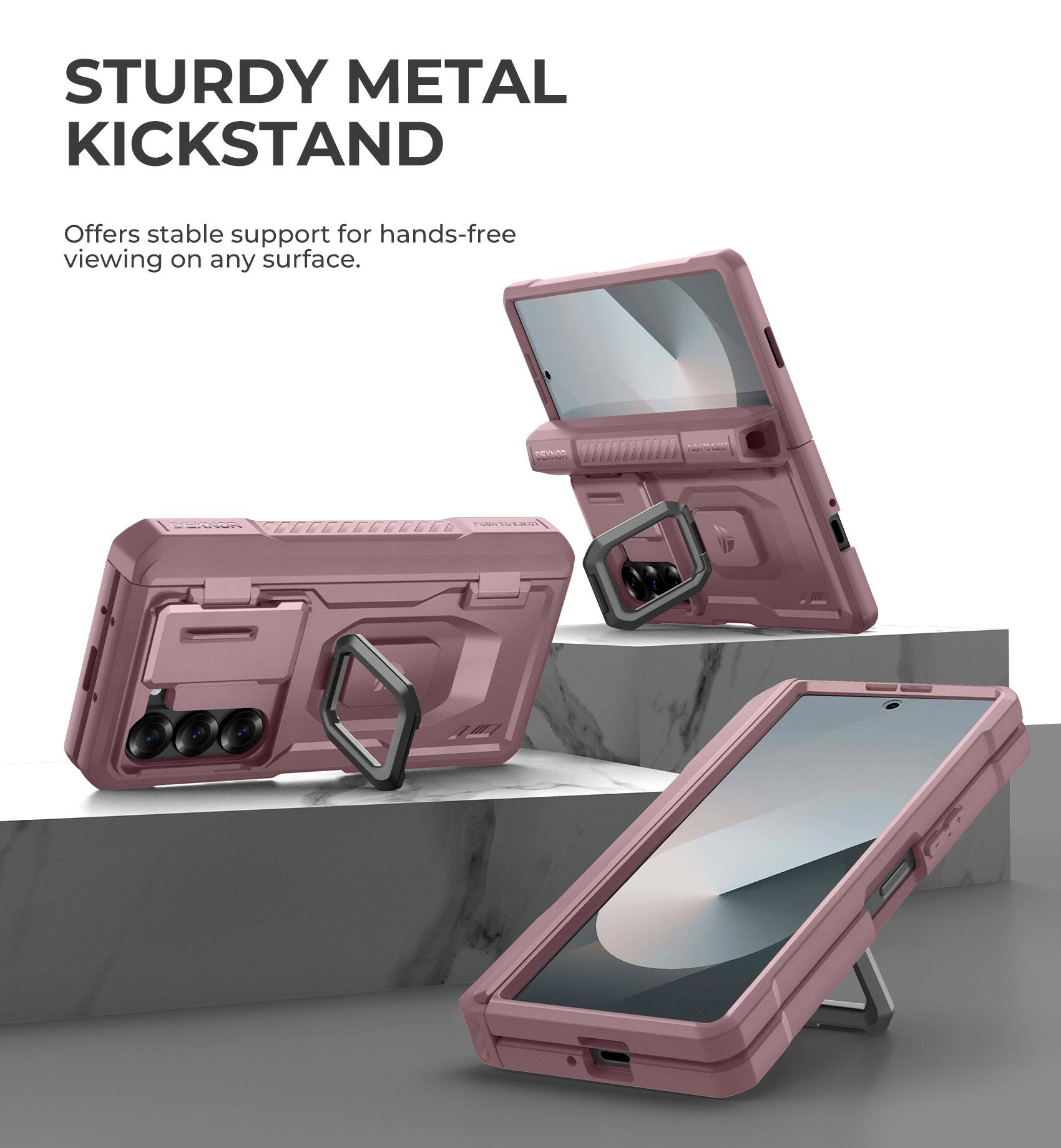STURDY METAL KICKSTAND
Offers stable support for hands-free viewing on any surface.