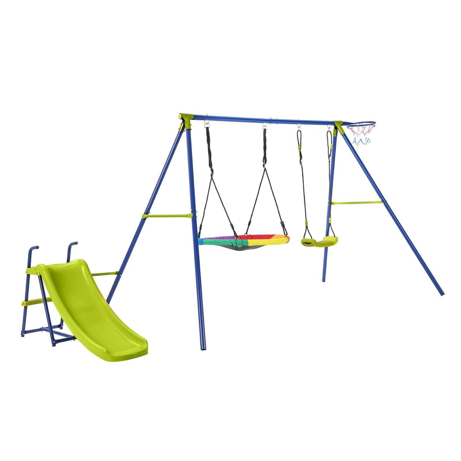 Back. SlickBlue - 4-in-1 Metal Playset with Slide, Basketball Hoop, Swing and Climbing Features - Multicolor.
