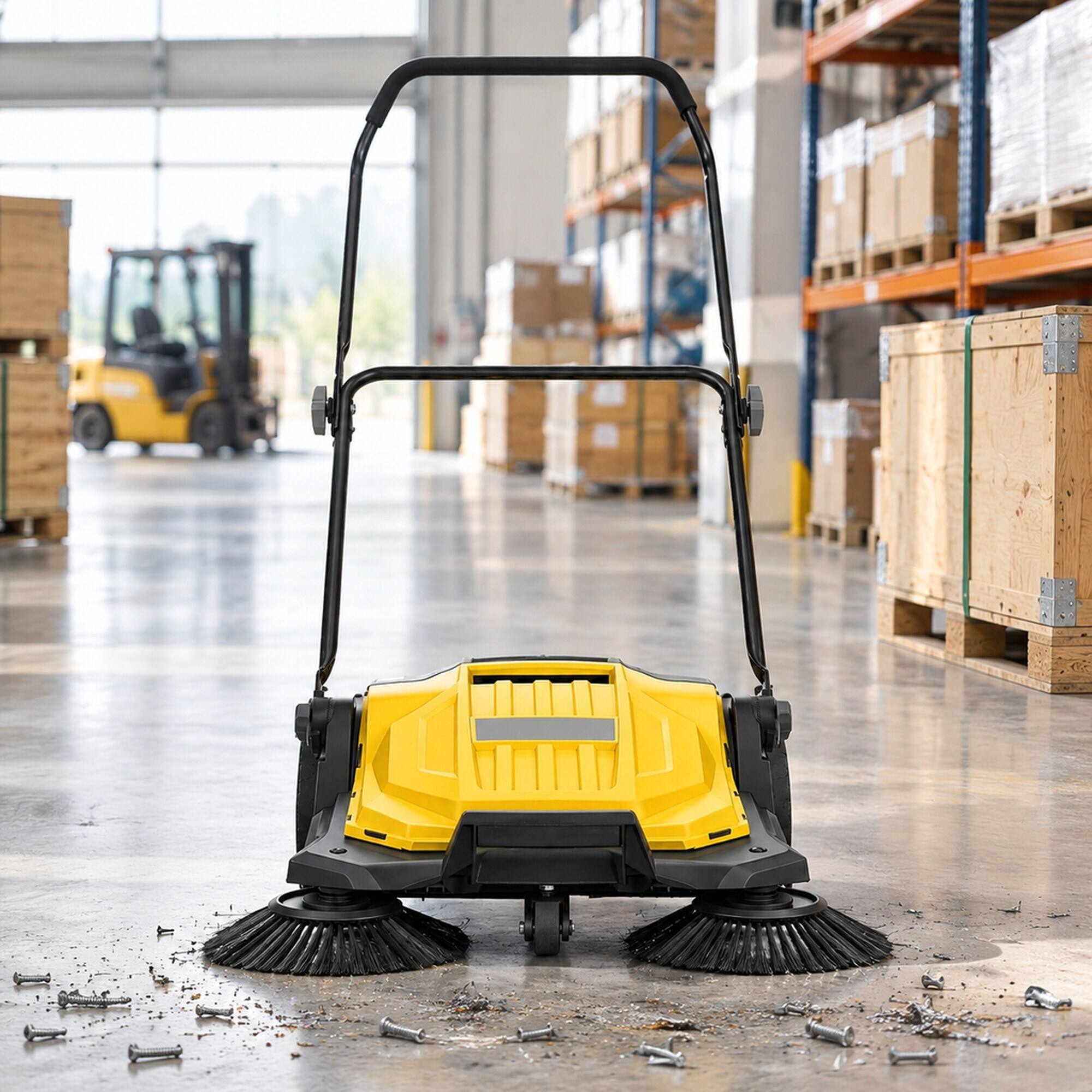 Left. RYHNUYNE - Walk-Behind Hand Push Floor Sweeper, 25.6 in Sweeping Width, 5 Gallons Waste Container, Folding Handle, Yellow - Yellow.