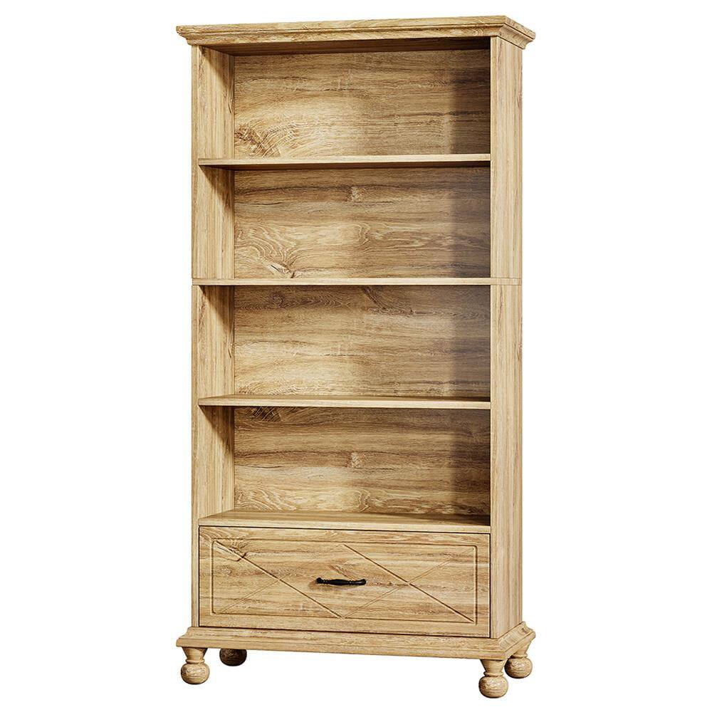 Left. Kadyn - Bookshelf, Storage Shelf, Bookcase,6-Shelf Bookcase with Drawer, 71" Bookshelf with Solid Wood Legs,Oak - Oak.