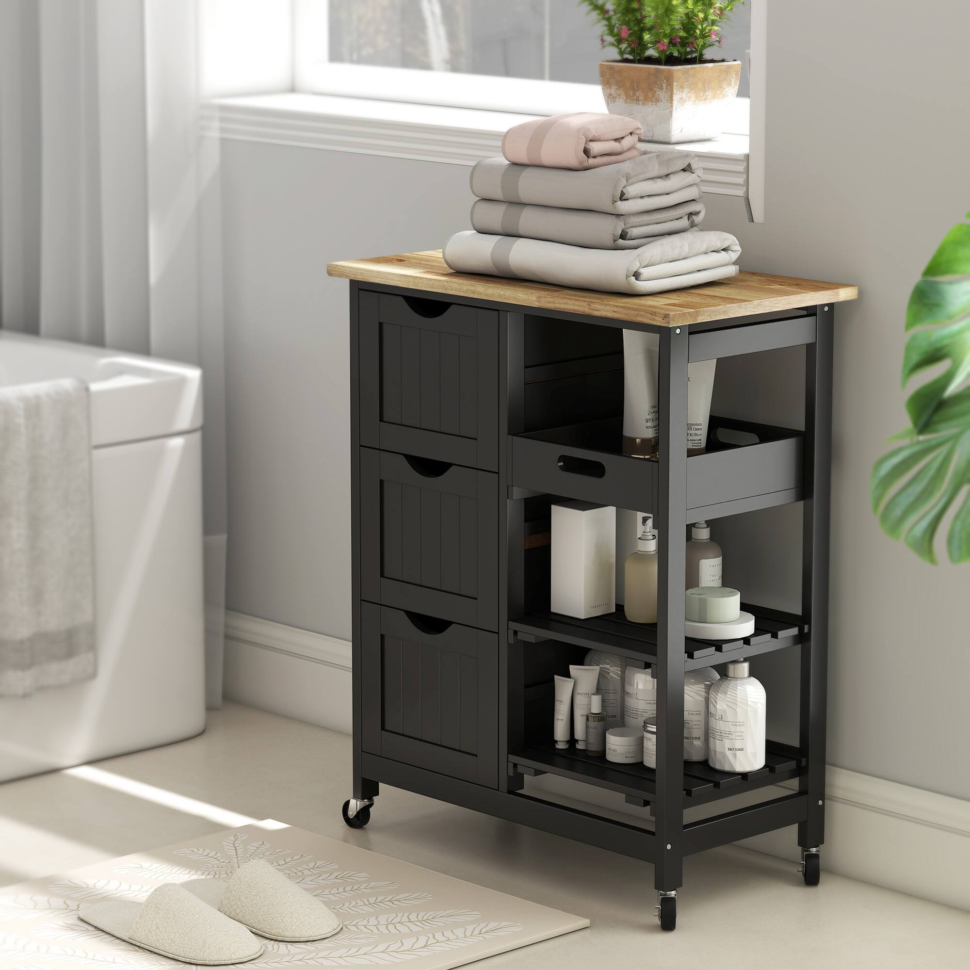 Alt View 8. Homcom - Kitchen Cart, Kitchen Island with Wood Top - Black.