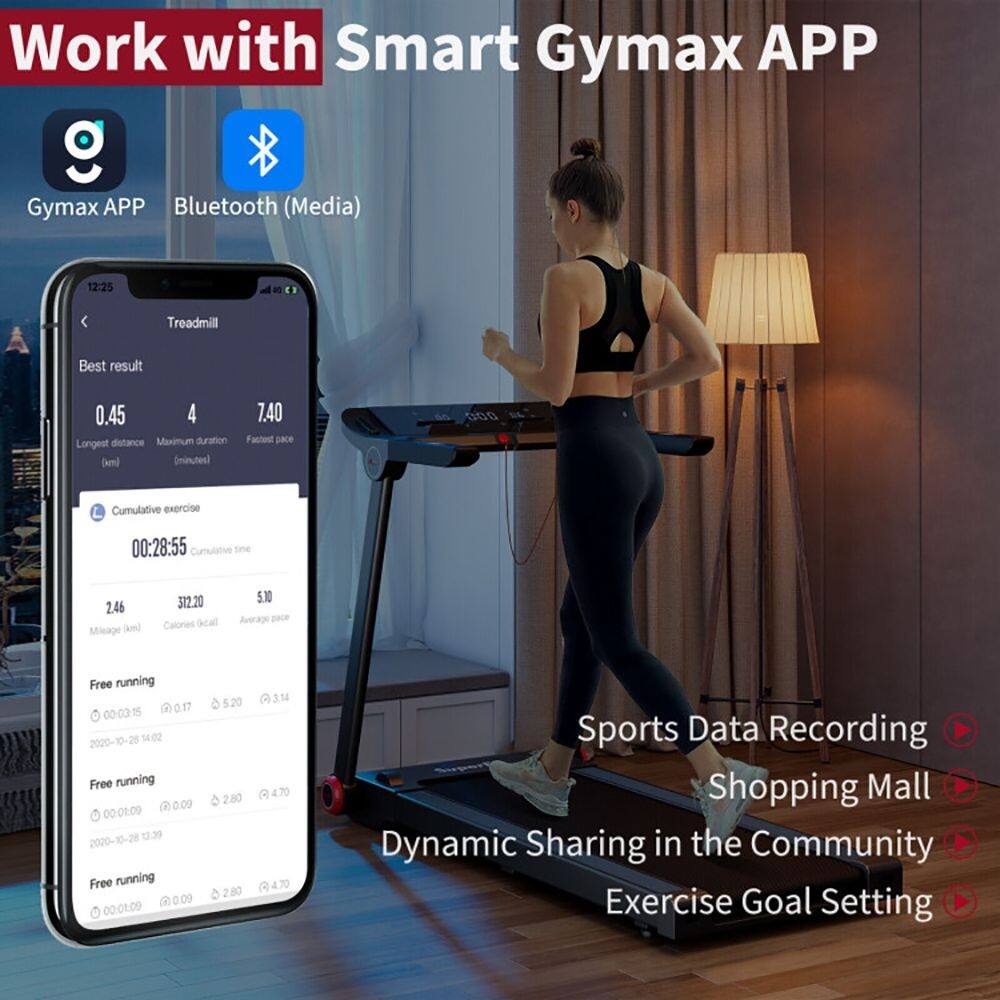 Work with Smart Gymax APP  
Gymax APP Bluetooth (Media)  
12:25  
Treadmill  
Best result: 0.45  
Longest distance: 4 km  
Maximum duration: 7.40 minutes  
Fastest pace: 5.10  
Cumulative exercise: 00:28:55  
Cumulative time: 2.46 minutes  
Mileage: 312.20 km  
Calories: 312.20  
Average pace: 5.10  

Free running:  
00-03-15 00:17 2020-10-28 14:02  
00-01:09 @0.00 2020-10-28 13:39  
0:09 00-01:09  

Sports Data Recording  
Shopping Mall  
Dynamic Sharing in the Community  
Exercise Goal Setting