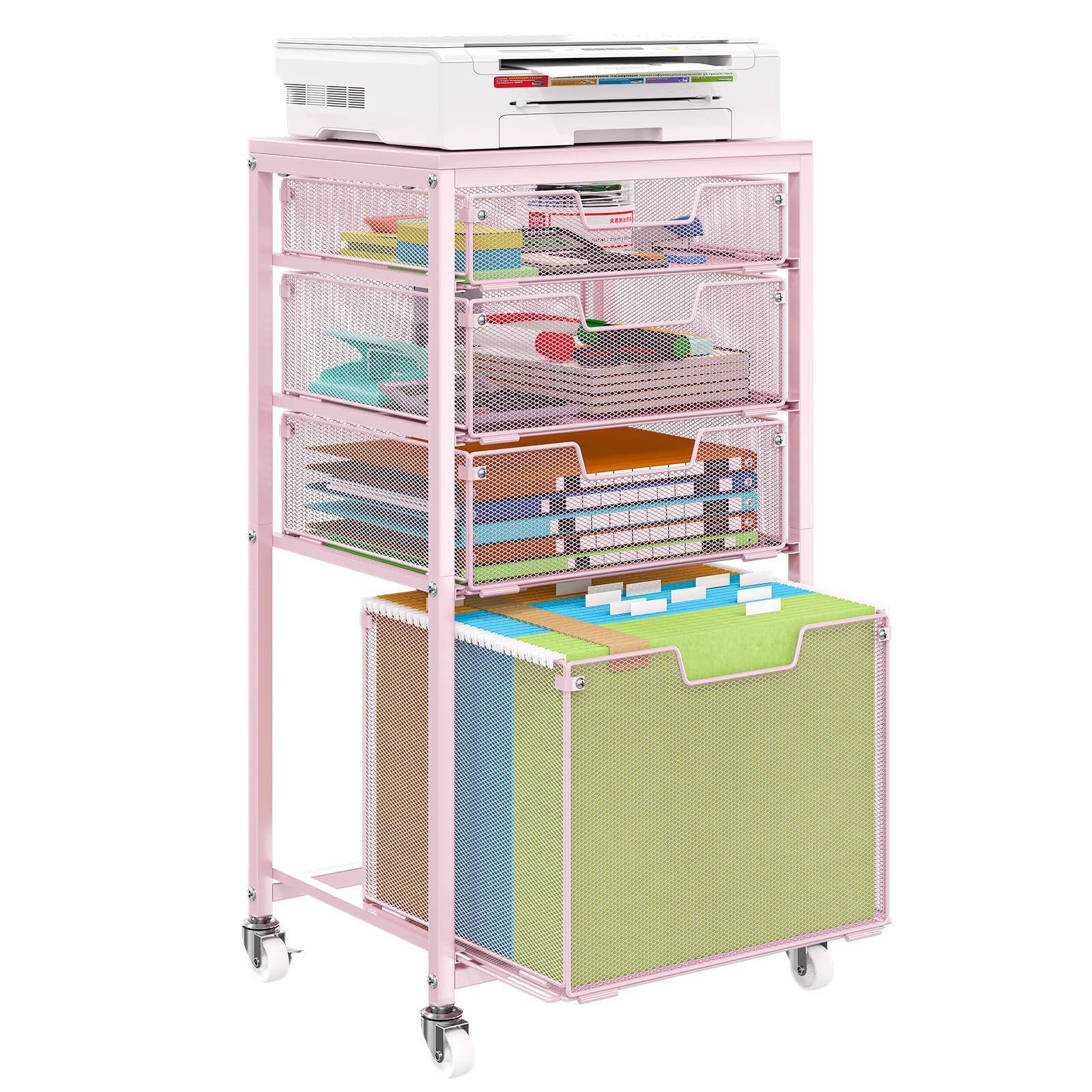 Front. Paradigms Interiors - Rolling File Cart With 4 Storage Drawers Filing Cabinet For Home Office Hanging Folder Organizer Wheels Und... - Pink.