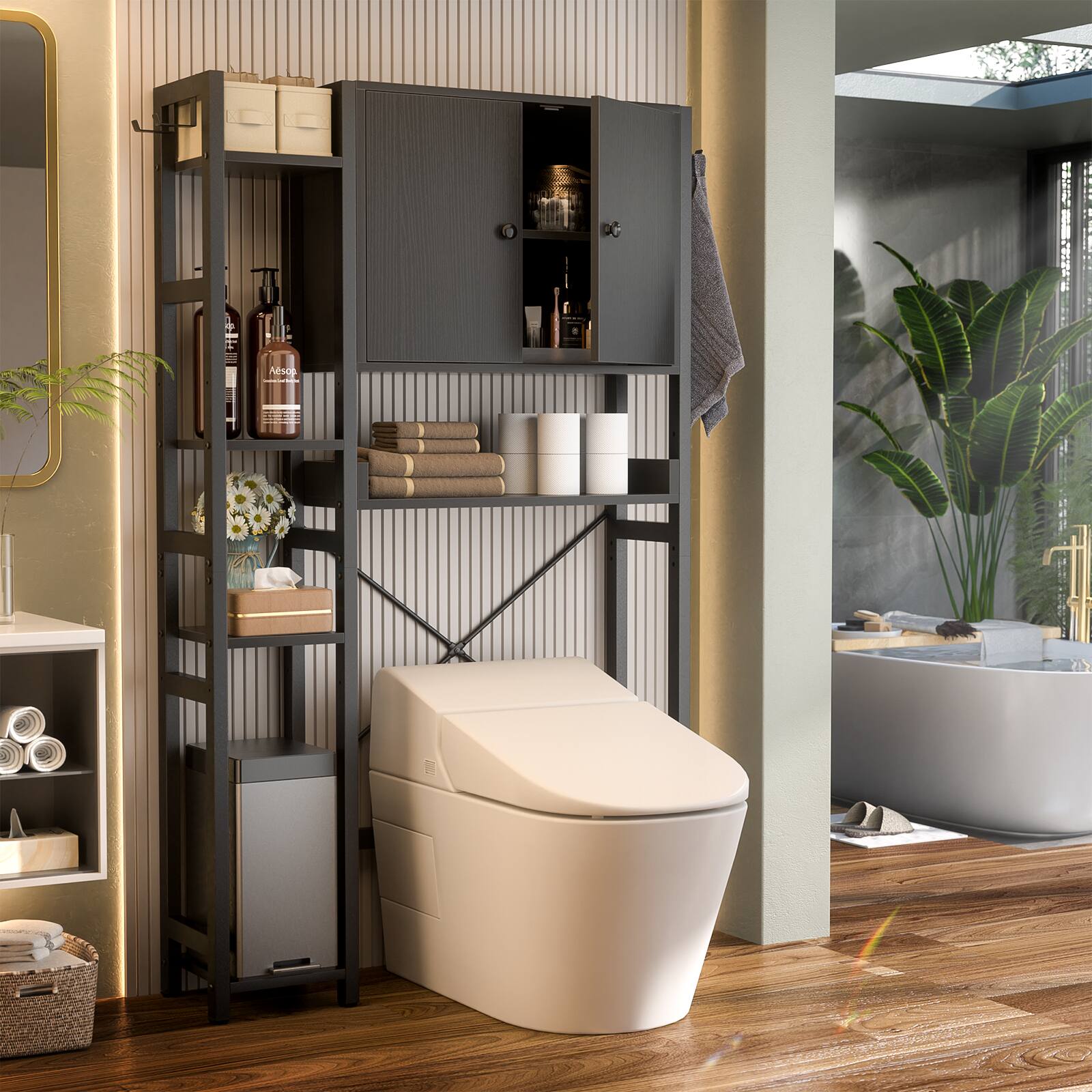 Alt View 4. Aheaplus - Over The Toilet Storage Cabinet with Doors, 7 Tier Freestanding Bathroom Organizer with Adjustable Shelves & 4 Hooks - Black.