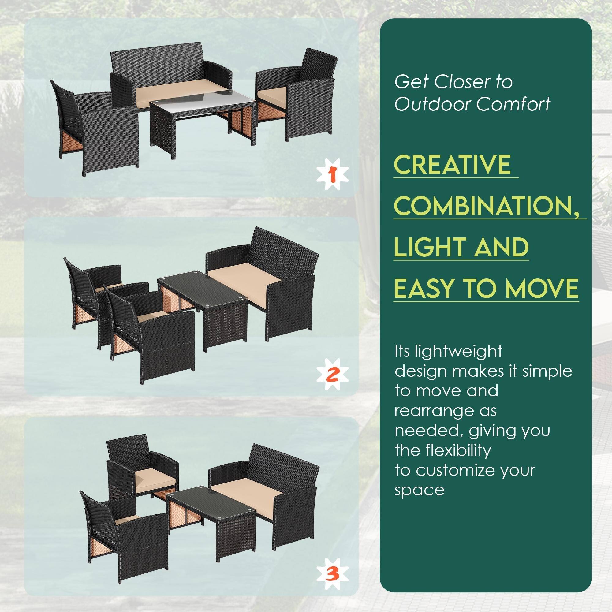 Get Closer to Outdoor Comfort

1. CREATIVE COMBINATION, LIGHT AND EASY TO MOVE

Its lightweight design makes it simple to move and rearrange as needed, giving you the flexibility to customize your space