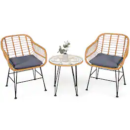 Costway - 3PCS Patio Rattan Bistro Furniture Set Cushioned Chair Table - Gray