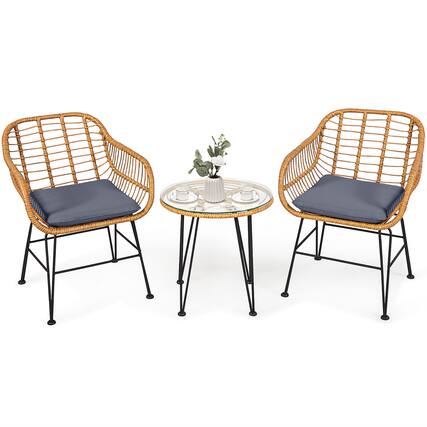 Front. Costway - Costway 3PCS Patio Rattan Bistro Furniture Set Cushioned Chair Table - Gray.