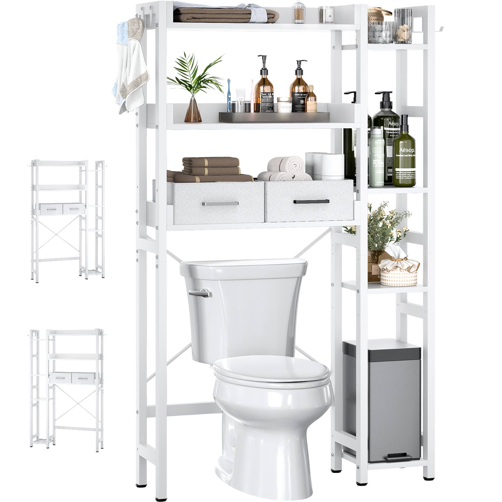 Alt View 4. Aheaplus - Over the Toilet Storage with 2 Drawers, 7-Tier Freestanding Space Save Bathroom Organizer Shelf with 4 Hooks - White.
